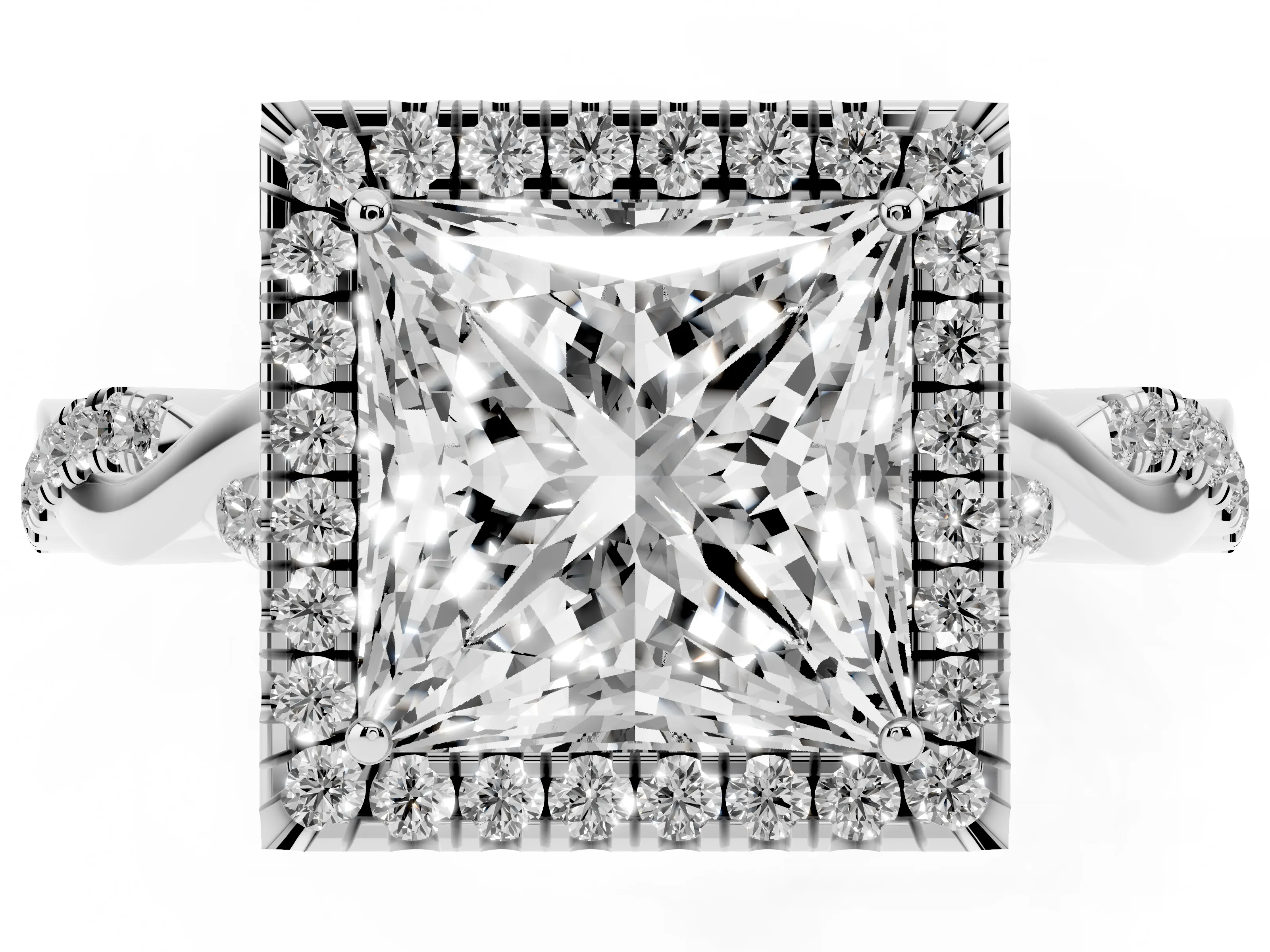 Princess Cut Diamond Halo Twist Band Solitaire Ring Set in Platinum with Prong Setting