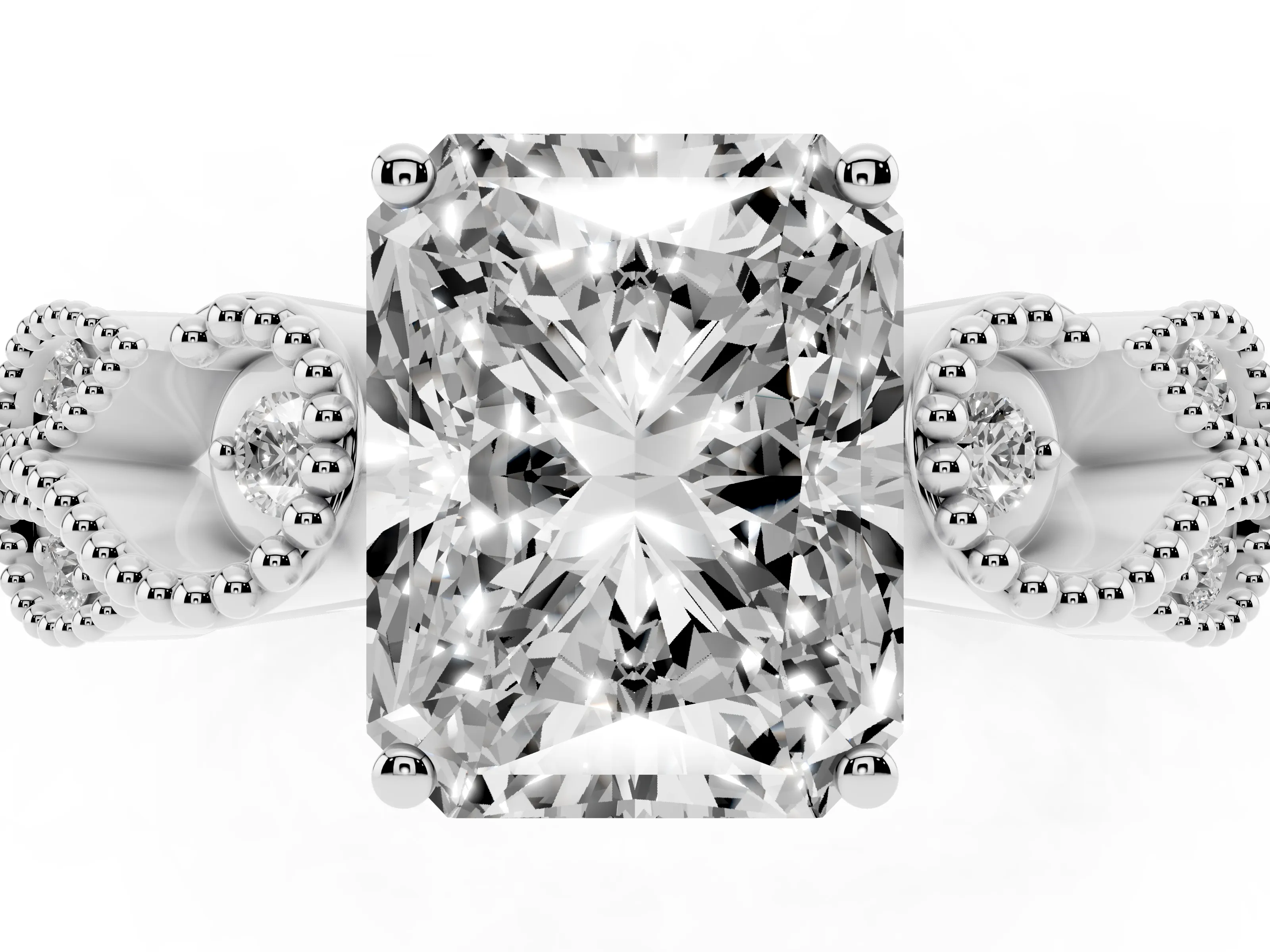 Princess Cut Diamond Milgrain Leaf Band Solitaire Ring Set in White gold with Accent Stones and Prong Setting