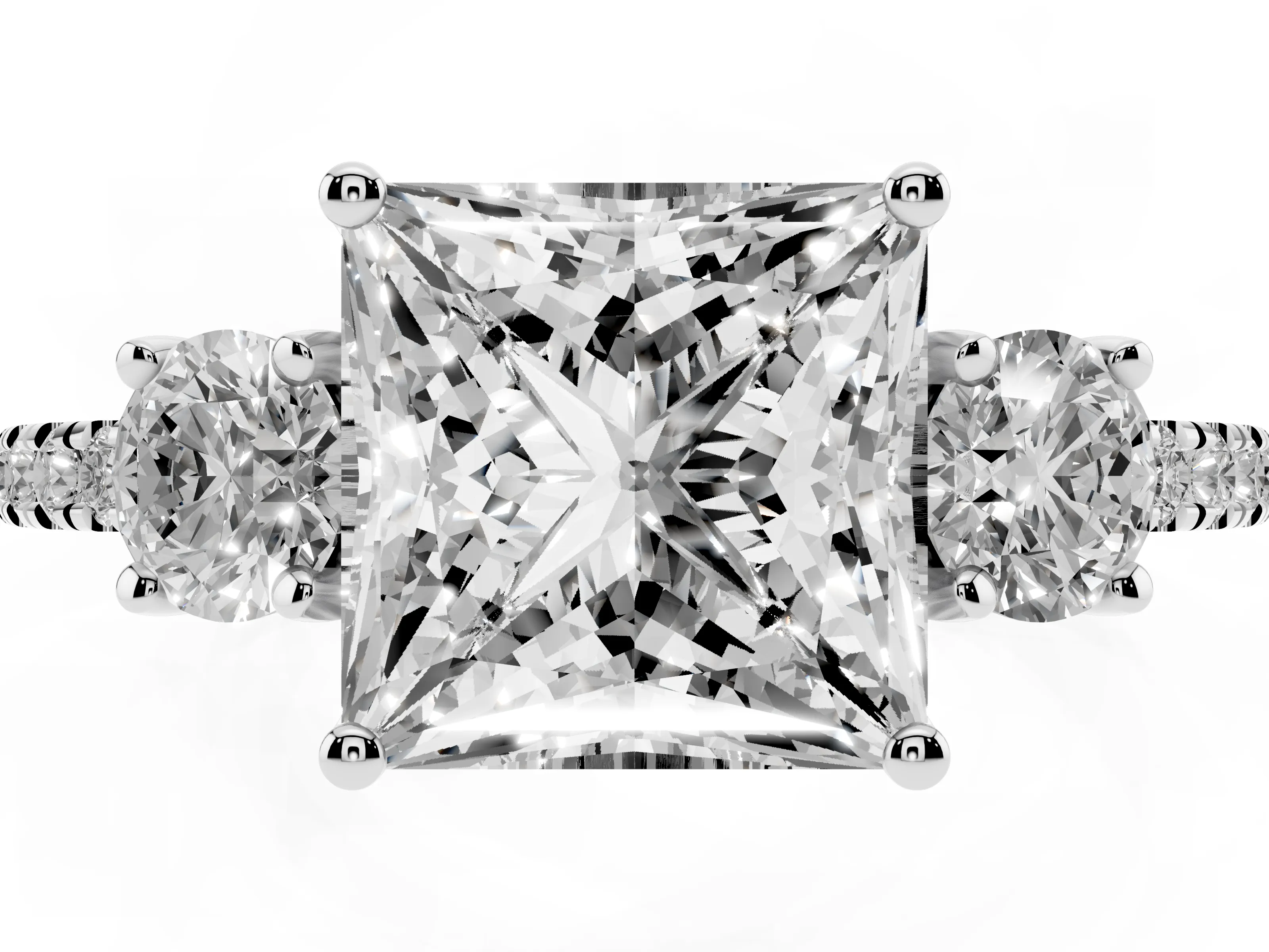 Princess Cut Diamond Three-Stone Ring Set in Silver with Pavé Band and Graduated Sides