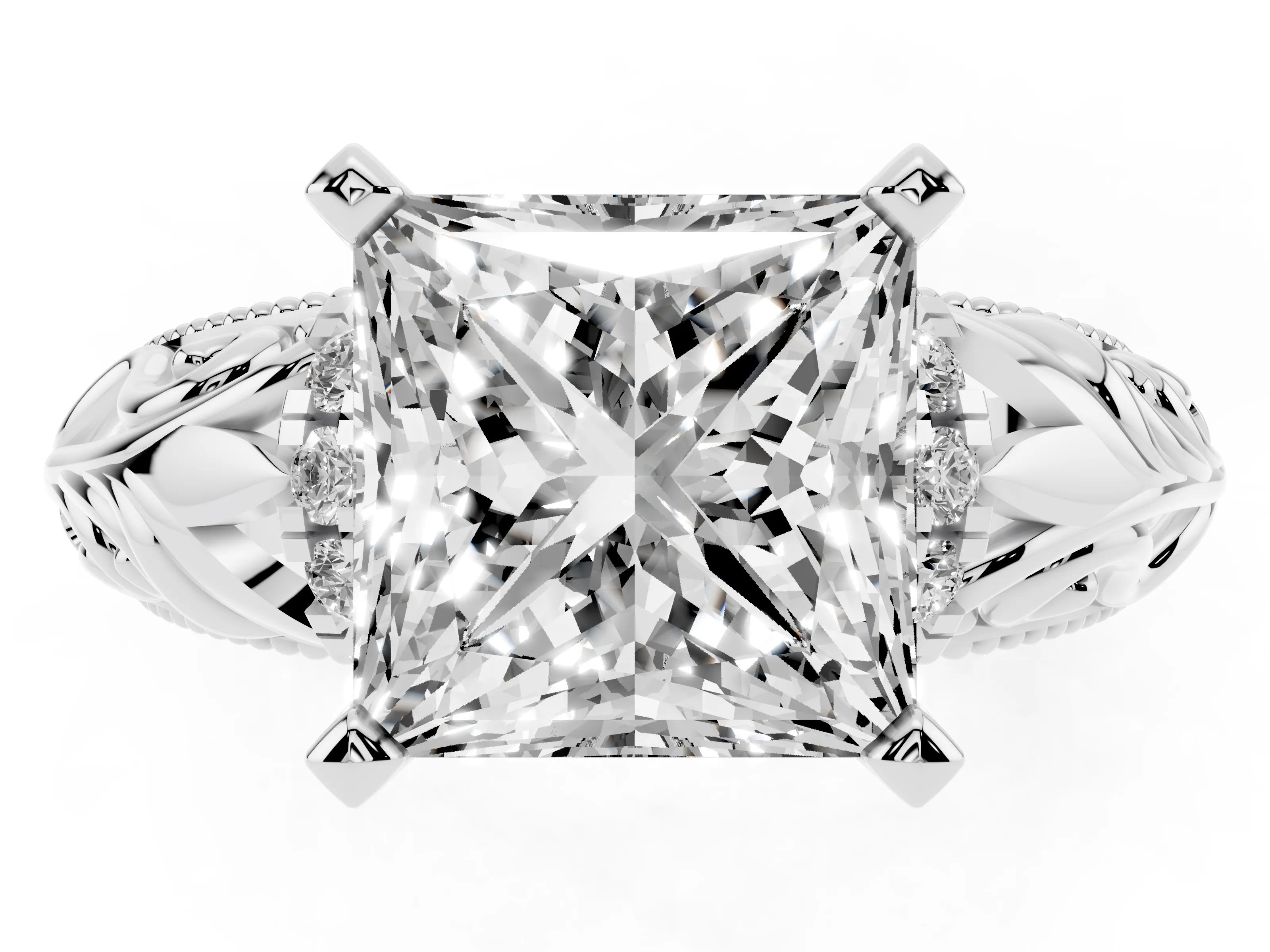 Princess Cut Diamond Filigree Halo Engagement Ring Set in Silver with Prong Setting