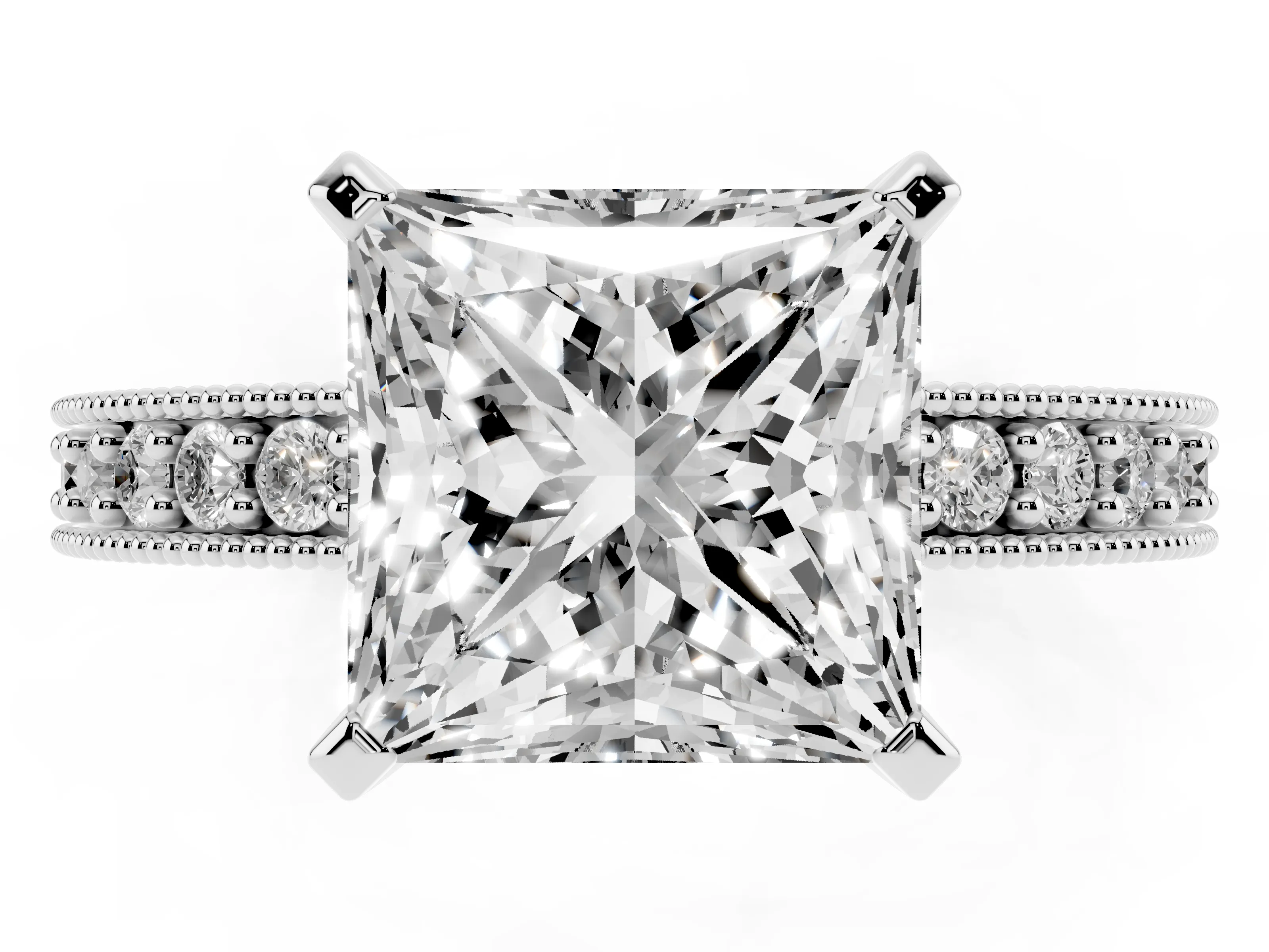 Princess Cut Diamond Milgrain Pavé Engagement Ring Set in Silver with Prong Setting