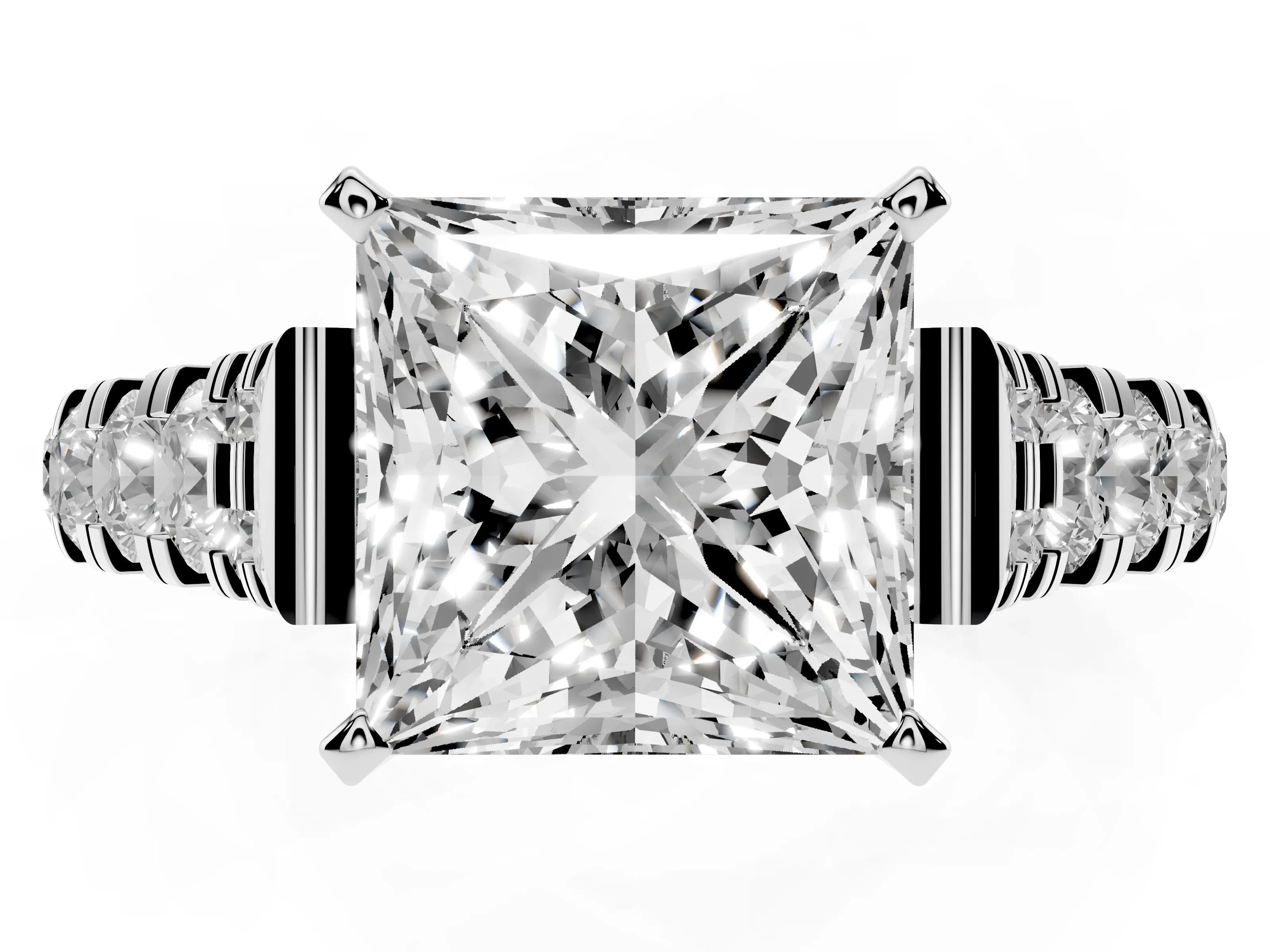 Princess Cut Diamond Classic Solitaire Ring Set in White gold with Pavé Band and Prong Setting