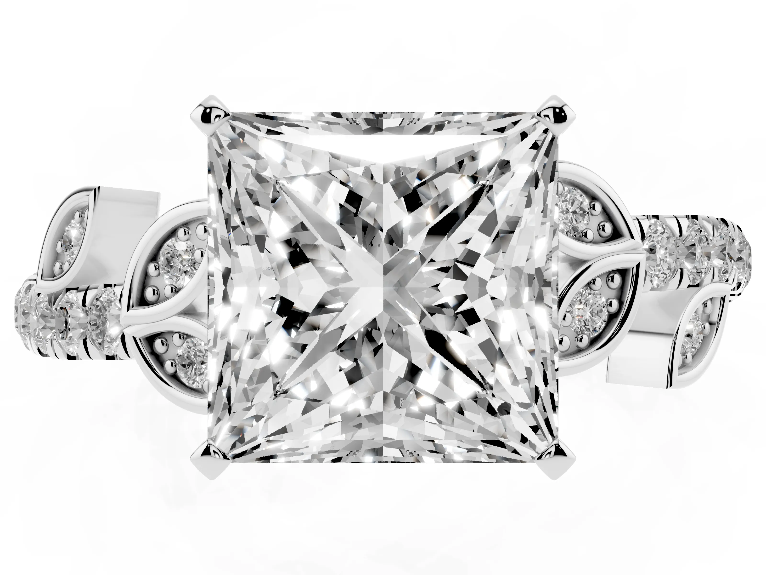 Princess Cut Diamond Solitaire Leaf-Inspired Ring Set in Platinum with Pavé Band and Prong Setting