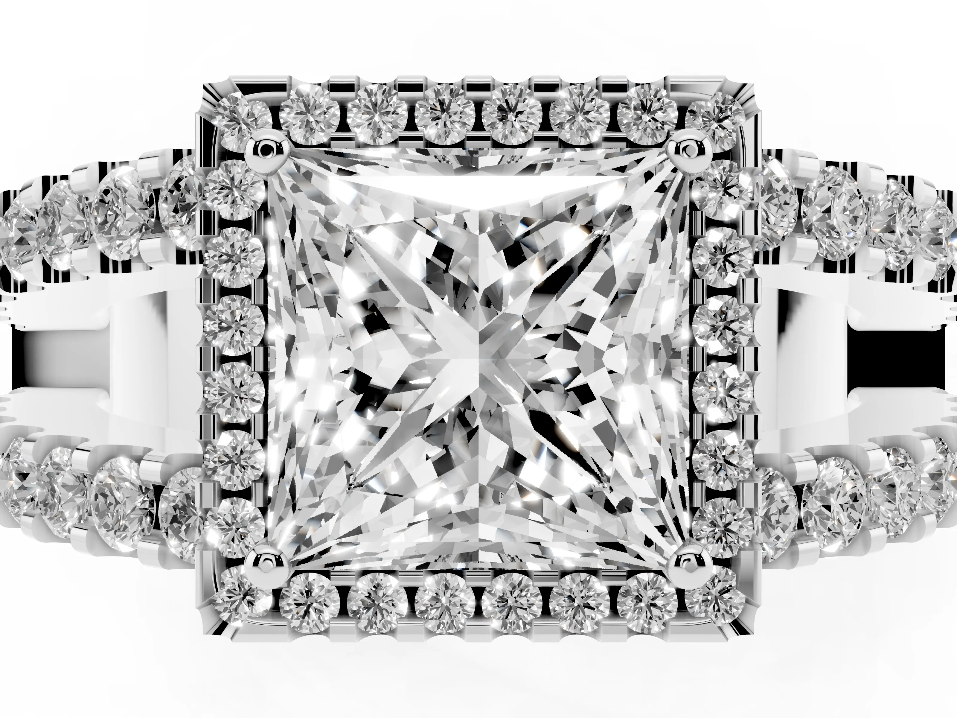 Princess Cut Diamond Halo Ring Set in Platinum with Pavé Split Shank and Prong Setting