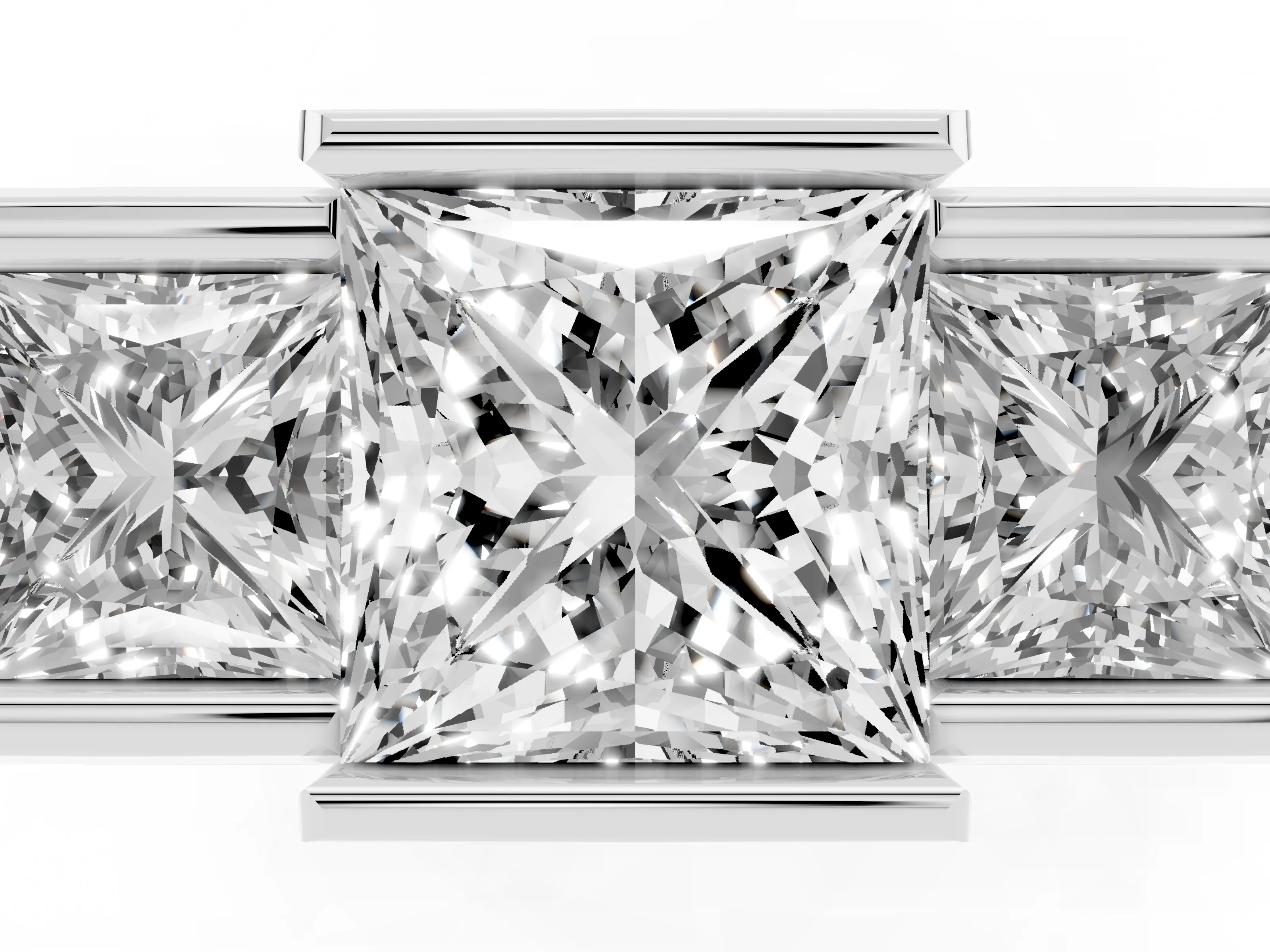 Princess Cut Diamond Three-Stone Channel Set Ring Set in Silver with Smooth Polished Band