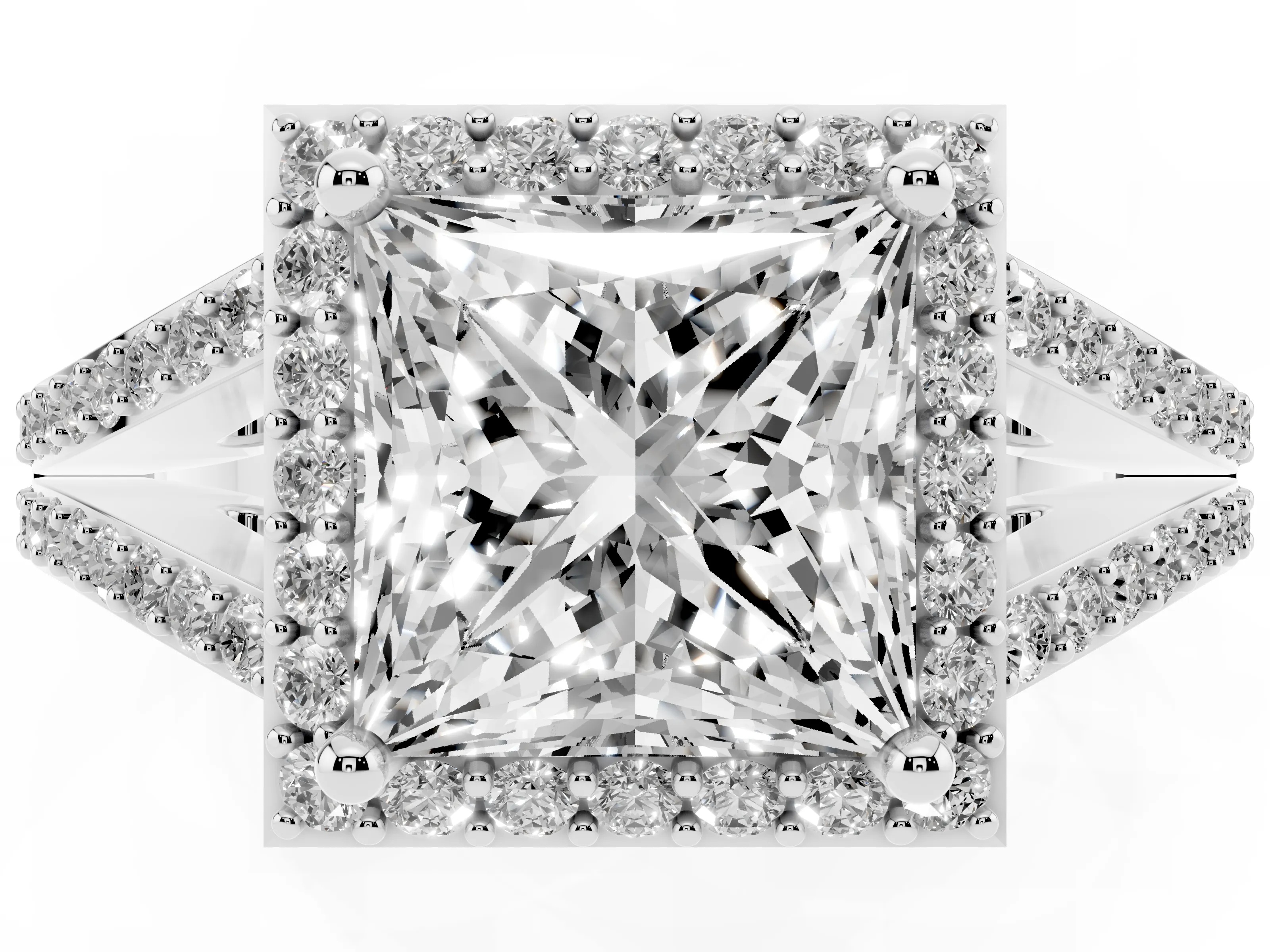 Princess Cut Diamond Halo Split Shank Pavé Ring Set in Platinum with Prong Setting