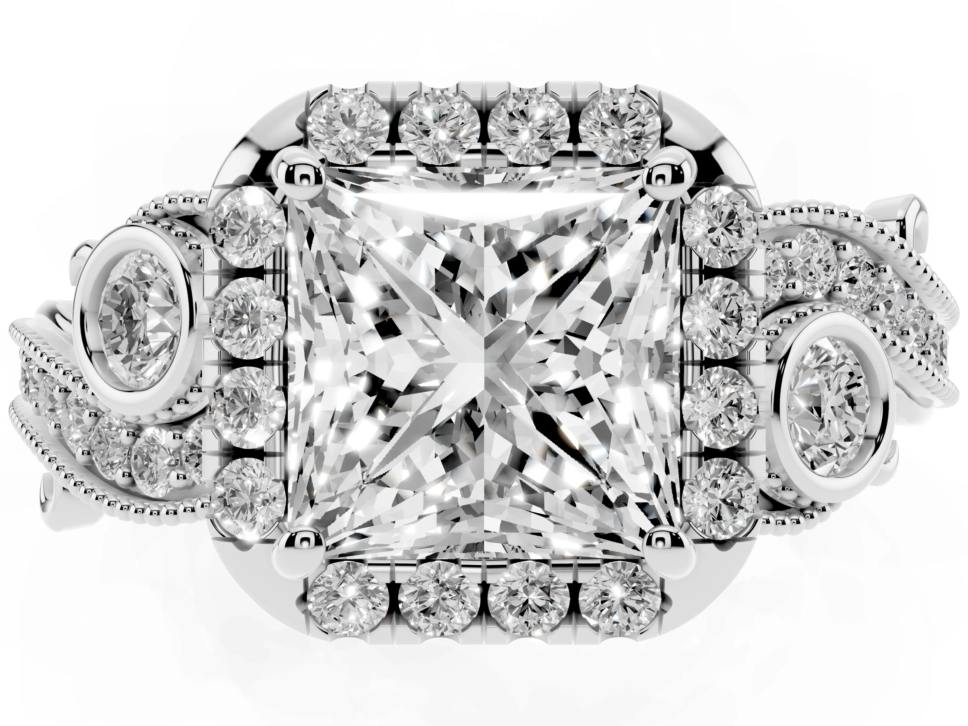 Princess Cut Diamond Halo Ring Set in White gold with Milgrain Pavé Band and Prong Setting