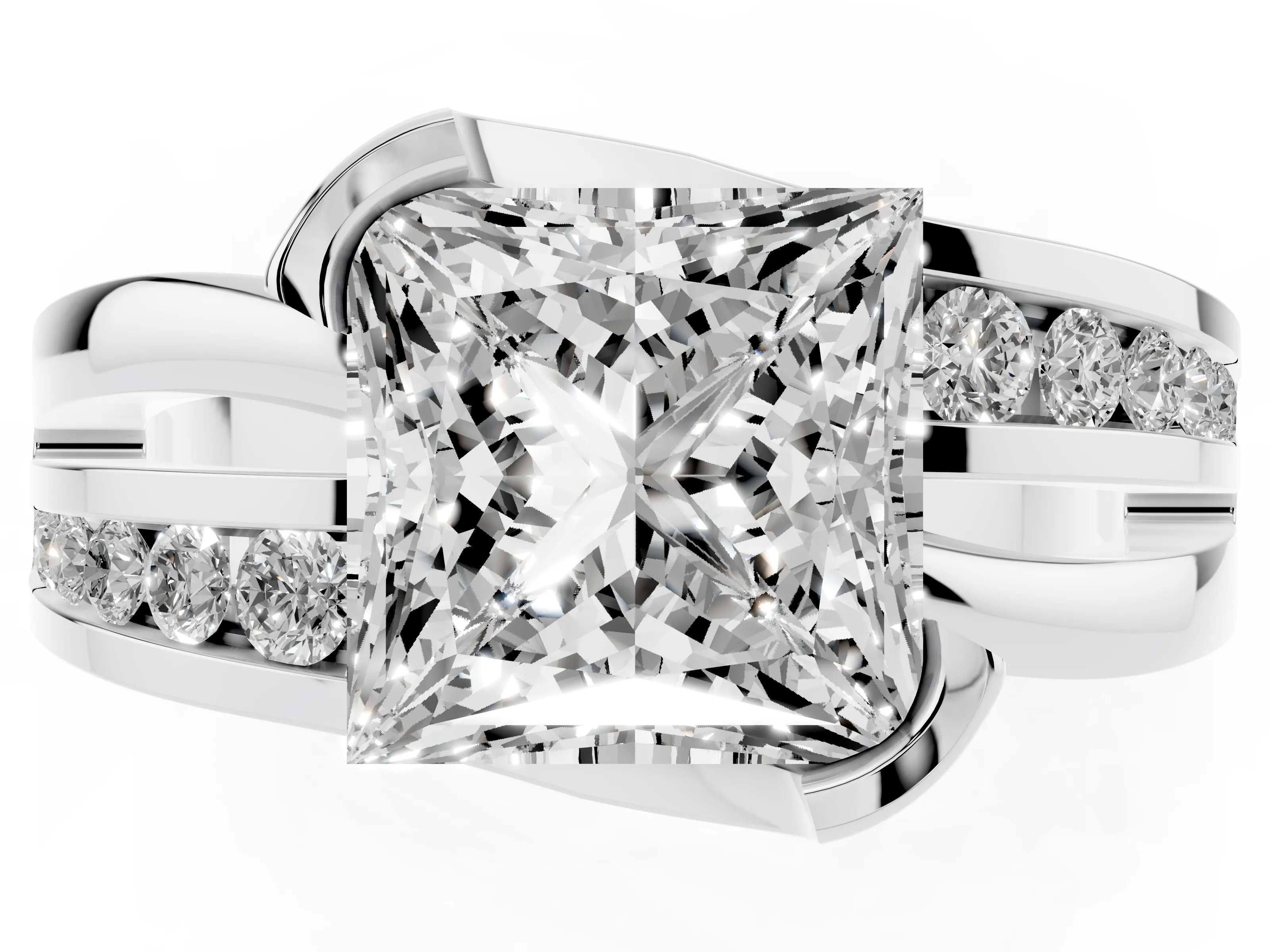 Princess Cut Diamond Solitaire Ring Set in Platinum with Channel Set Split Shank and Tension Prongs