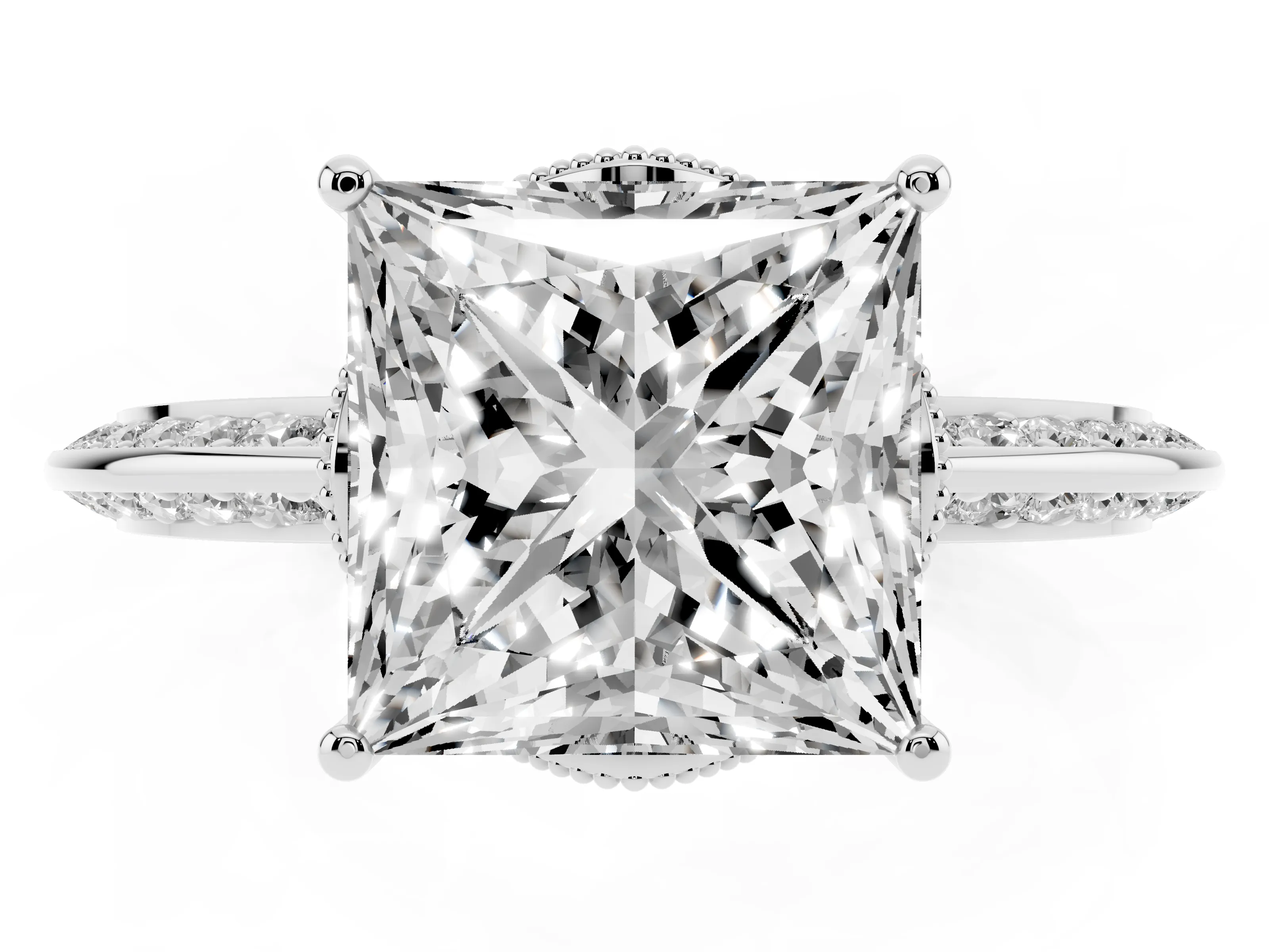 Princess Cut Diamond Solitaire Engagement Ring Set in Silver with Pavé Split Shank and Prong Setting