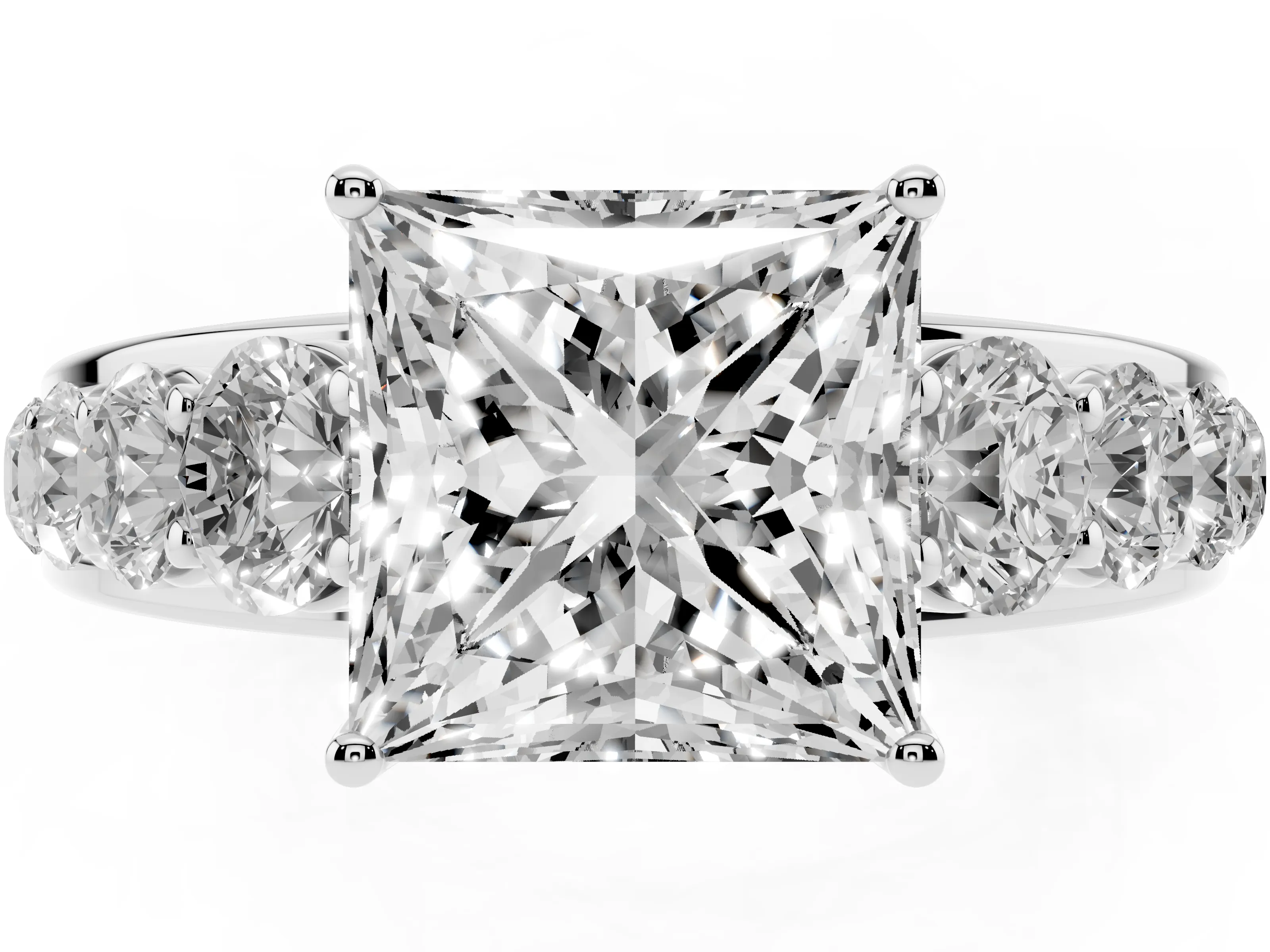 Princess Cut Diamond Solitaire Ring Set in White gold with Pavé-Set Band and Prong Setting