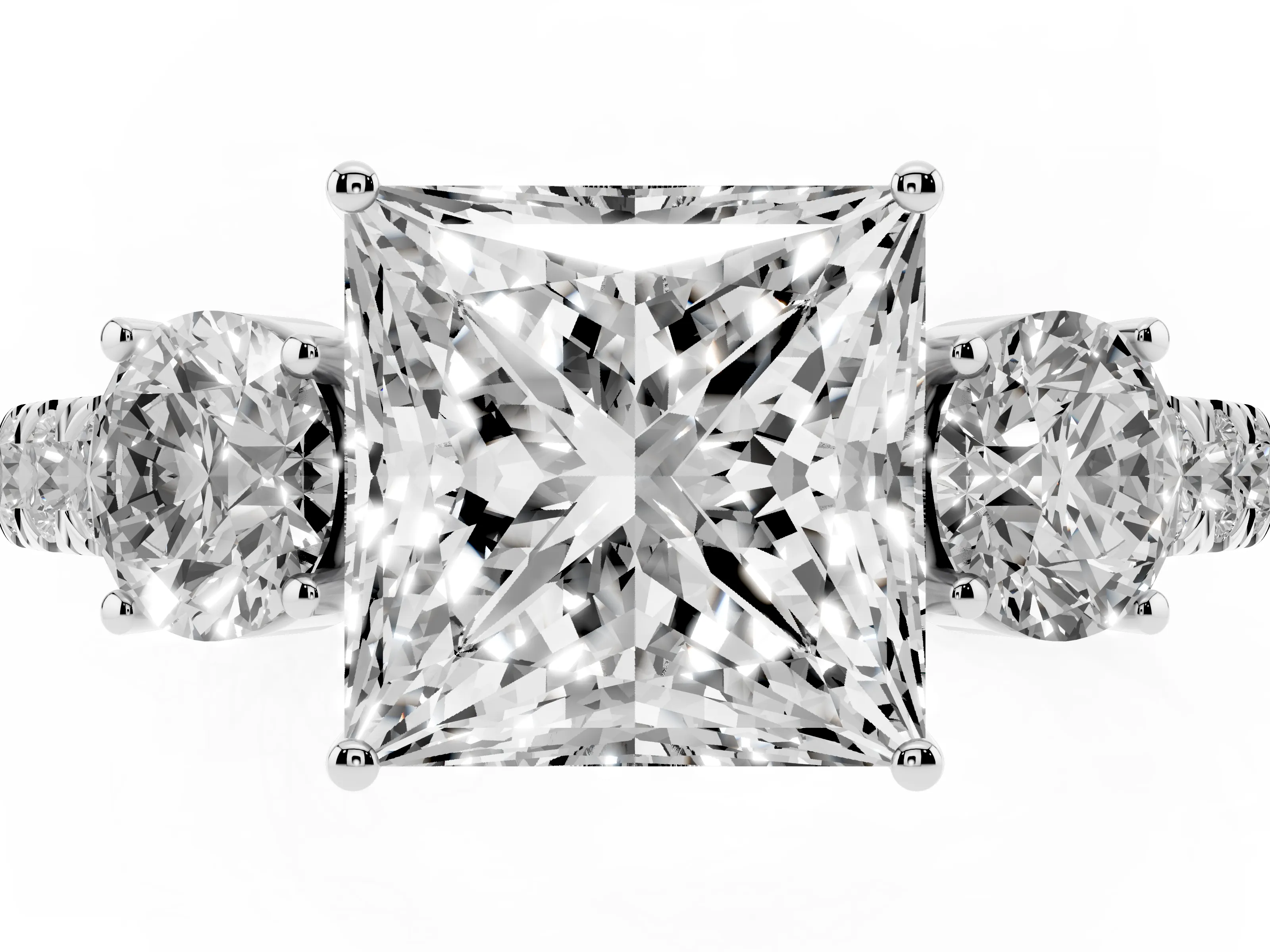 Princess Cut Diamond Three-Stone Ring Set in Platinum with Round Side Stones and Delicate Pavé Band