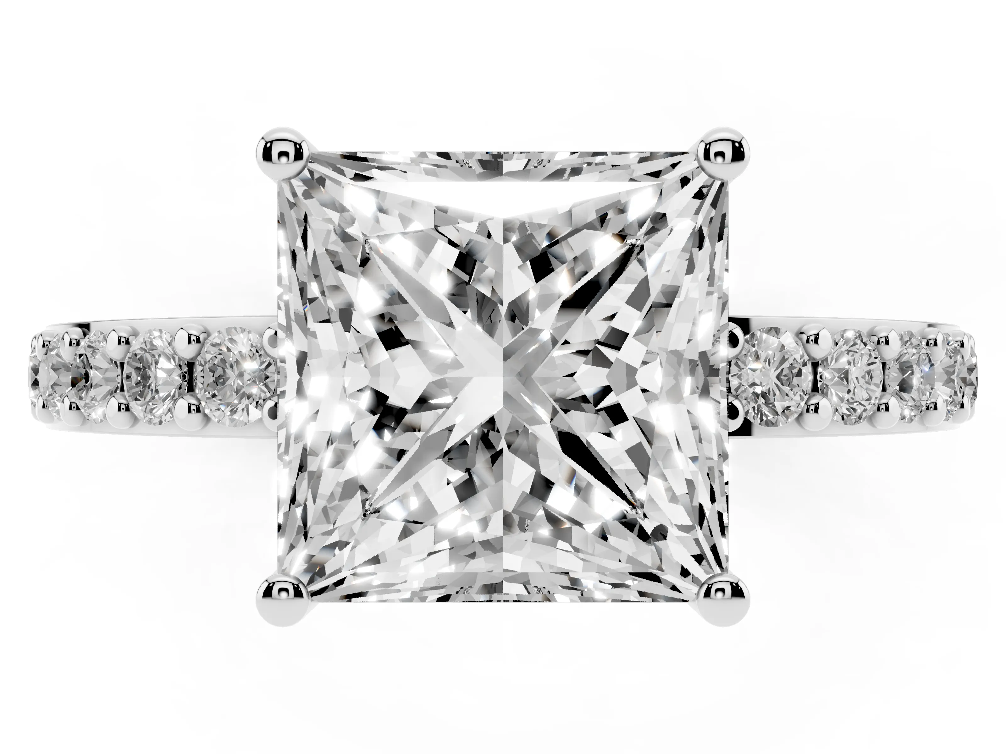 Princess Cut Diamond Solitaire Set in Platinum with Round Pavé Band and Prong Setting