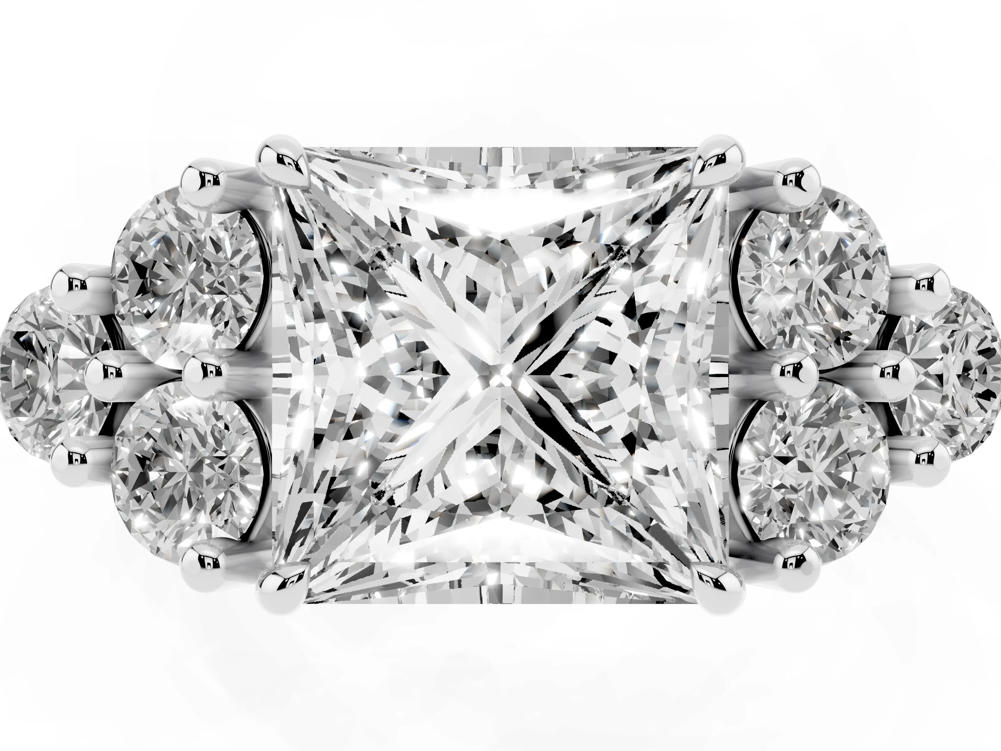 Princess Cut Diamond Solitaire Ring Set in White gold with Cluster Accents on Each Side