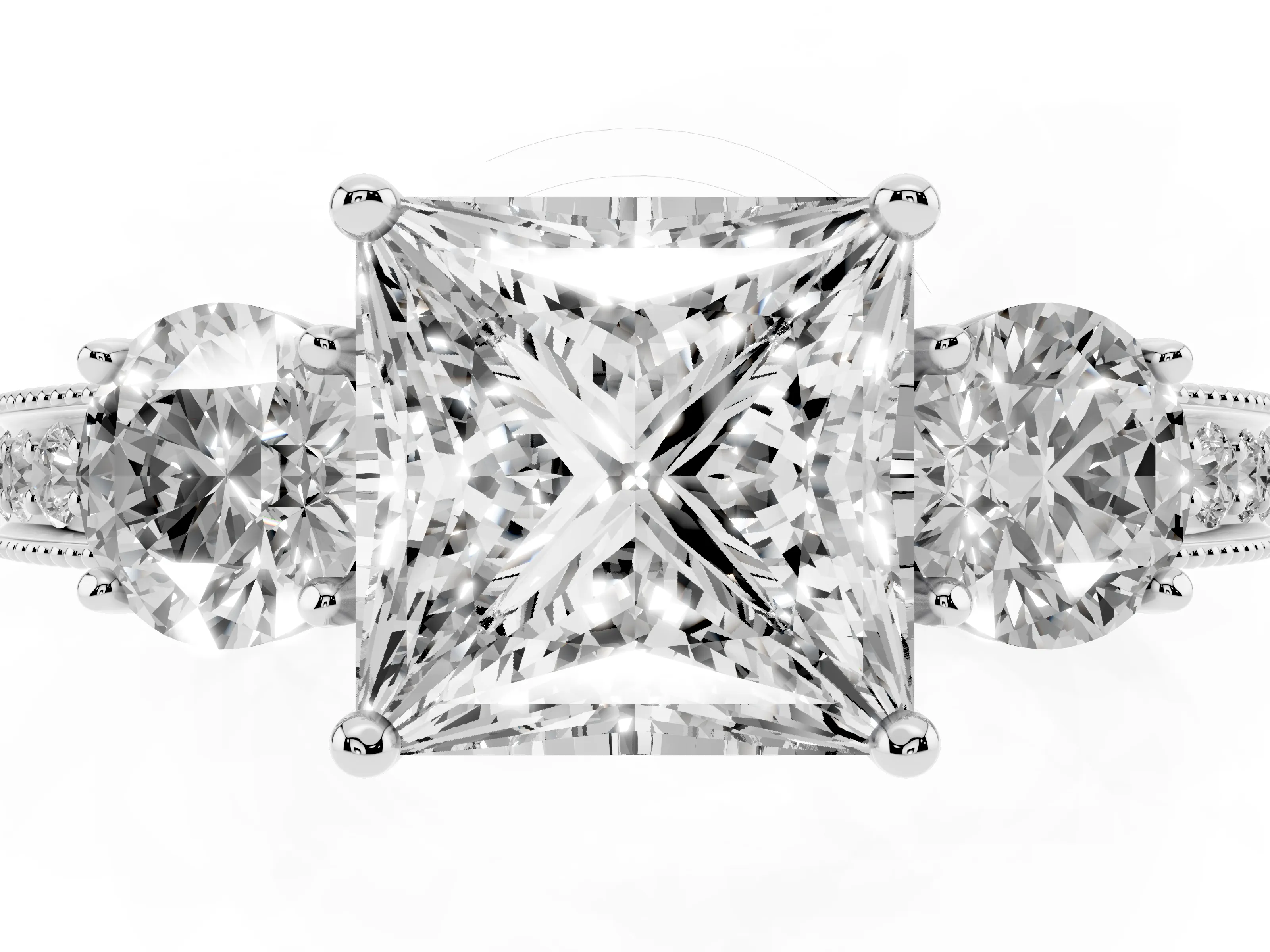Princess Cut Diamond Three-Stone Ring Set in White gold with Round Side Stones and Pavé Band