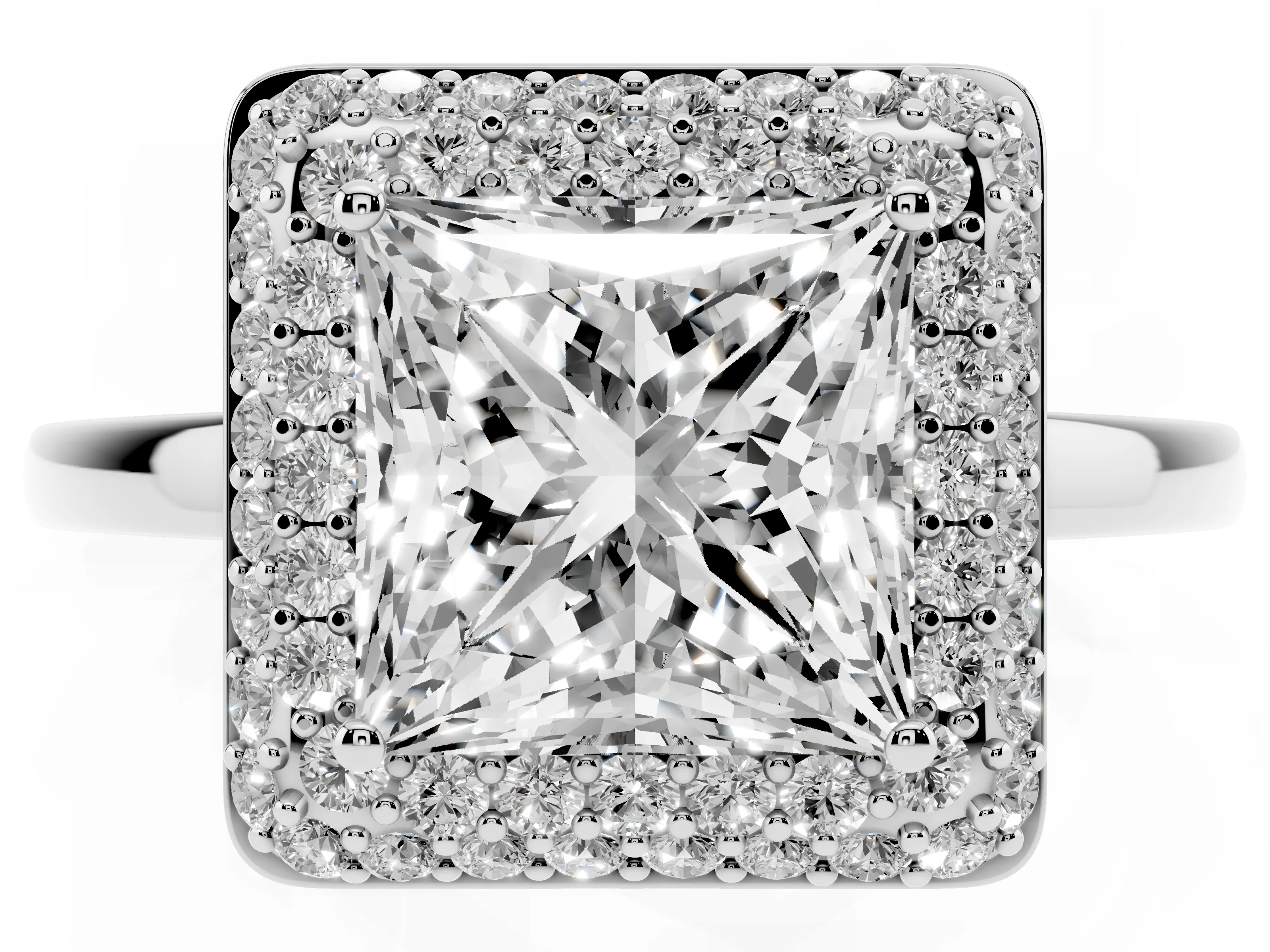 Princess Cut Diamond Halo Engagement Ring Set in Silver with Solitaire Band and Prong Setting