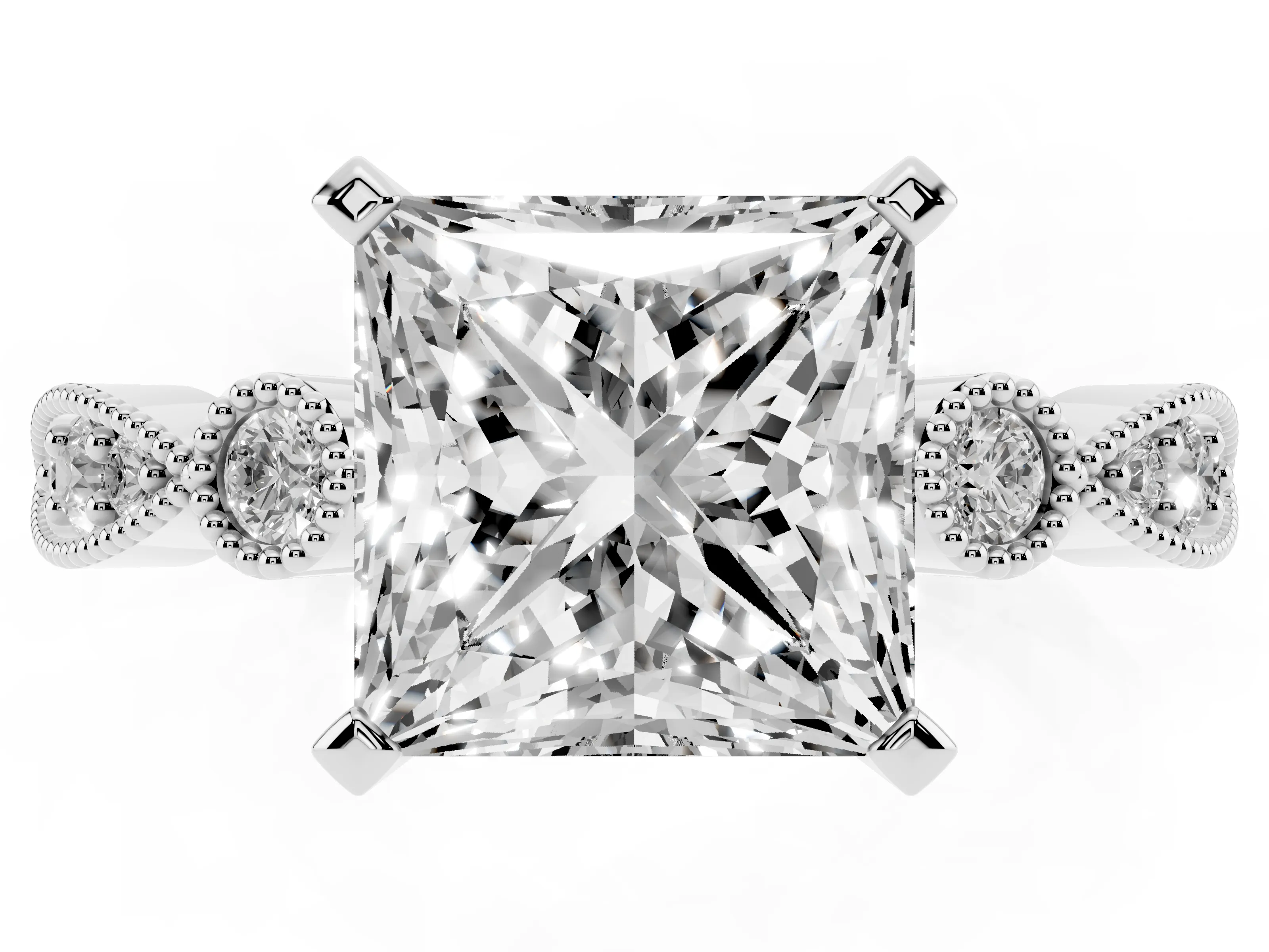 Princess Cut Diamond Solitaire Engagement Ring Set in White gold with Milgrain Bezel Accent Band