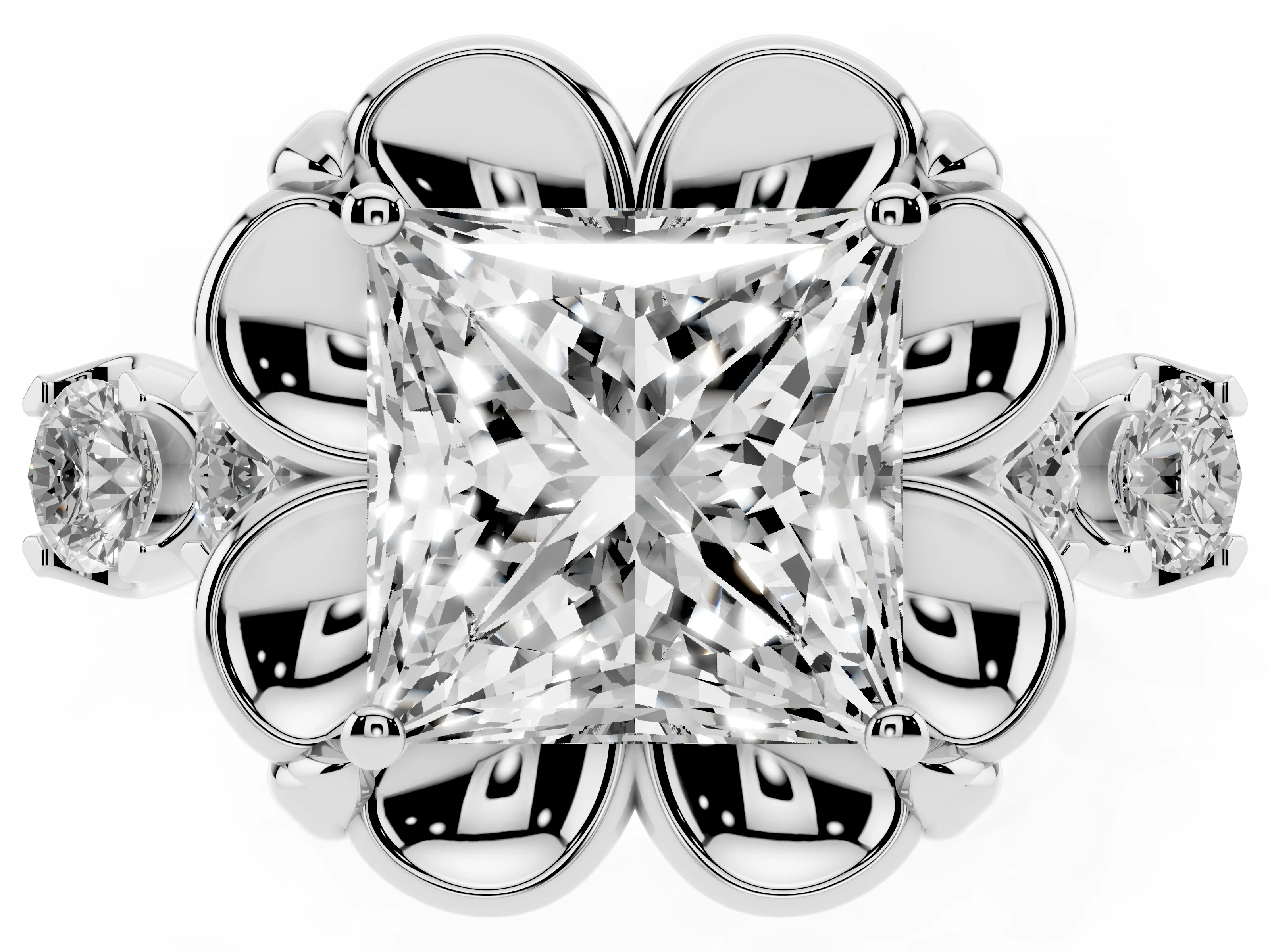 Princess Cut Diamond Floral Halo Ring Set in Silver with Shared Prong Band