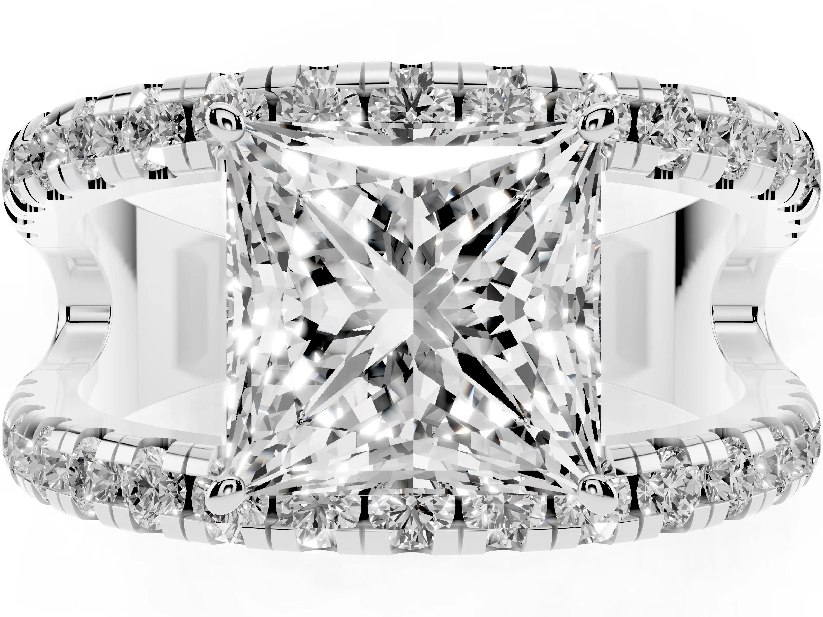 Princess Cut Diamond Split Shank Pavé Solitaire Ring Set in White gold with Open Shank Design