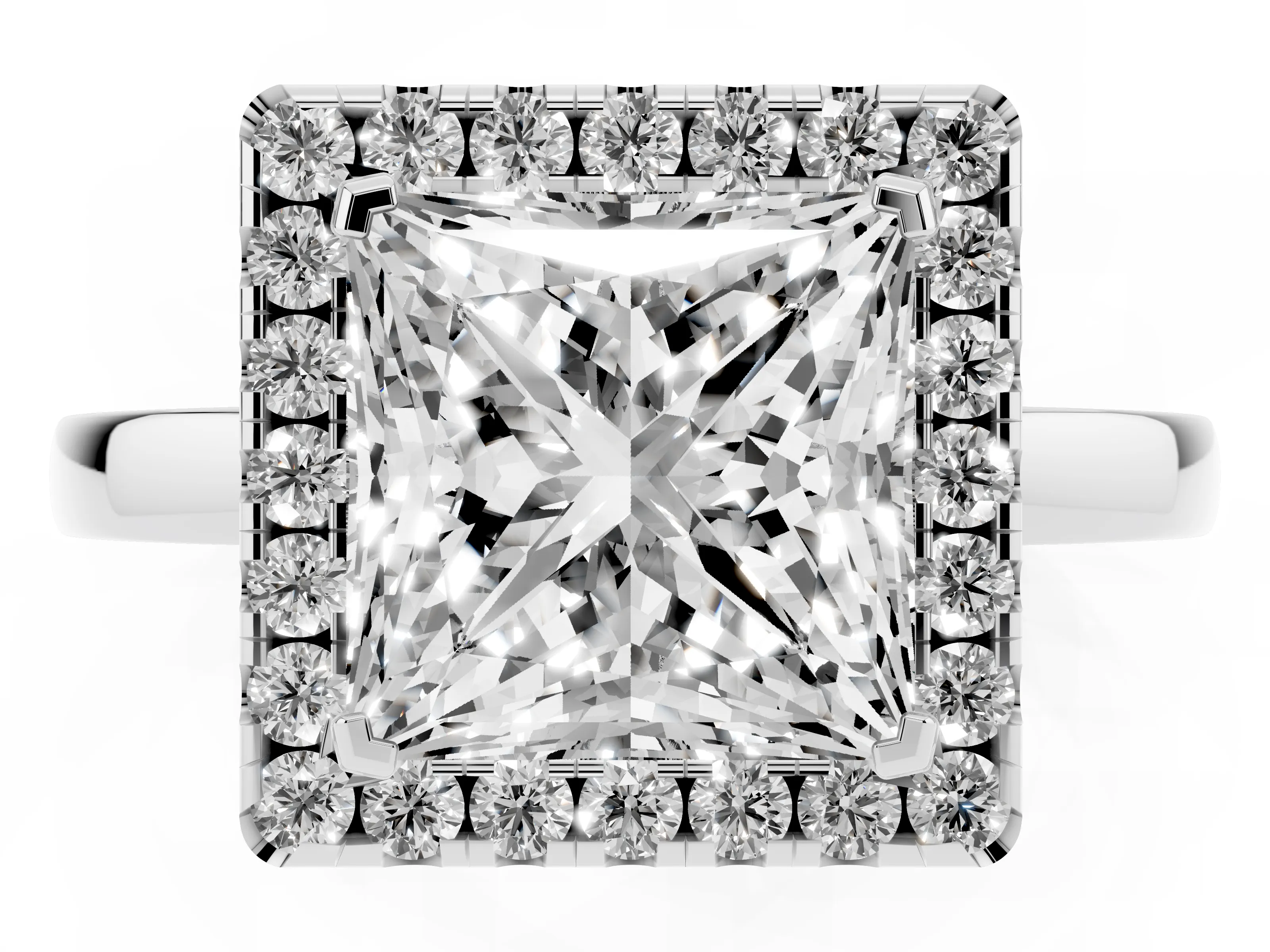 Princess Cut Diamond Halo Solitaire Ring Set in Platinum with Pavé Band and Prong Setting