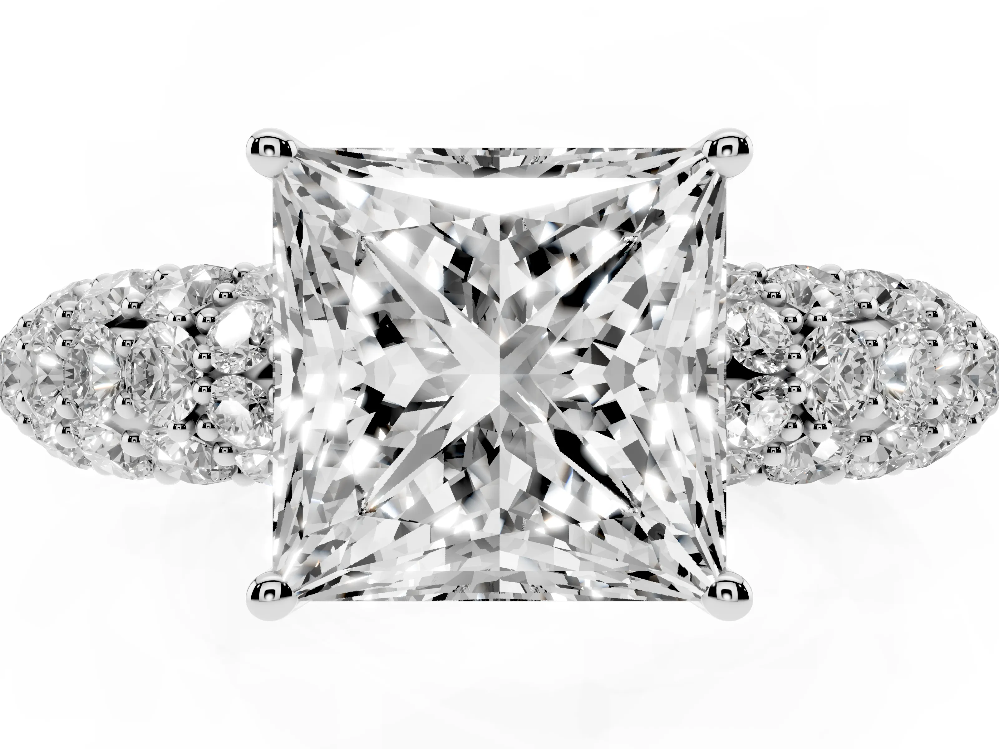 Princess Cut Diamond Pavé Band Solitaire Ring Set in White gold with Close-Set Accent Stones and Prong Setting