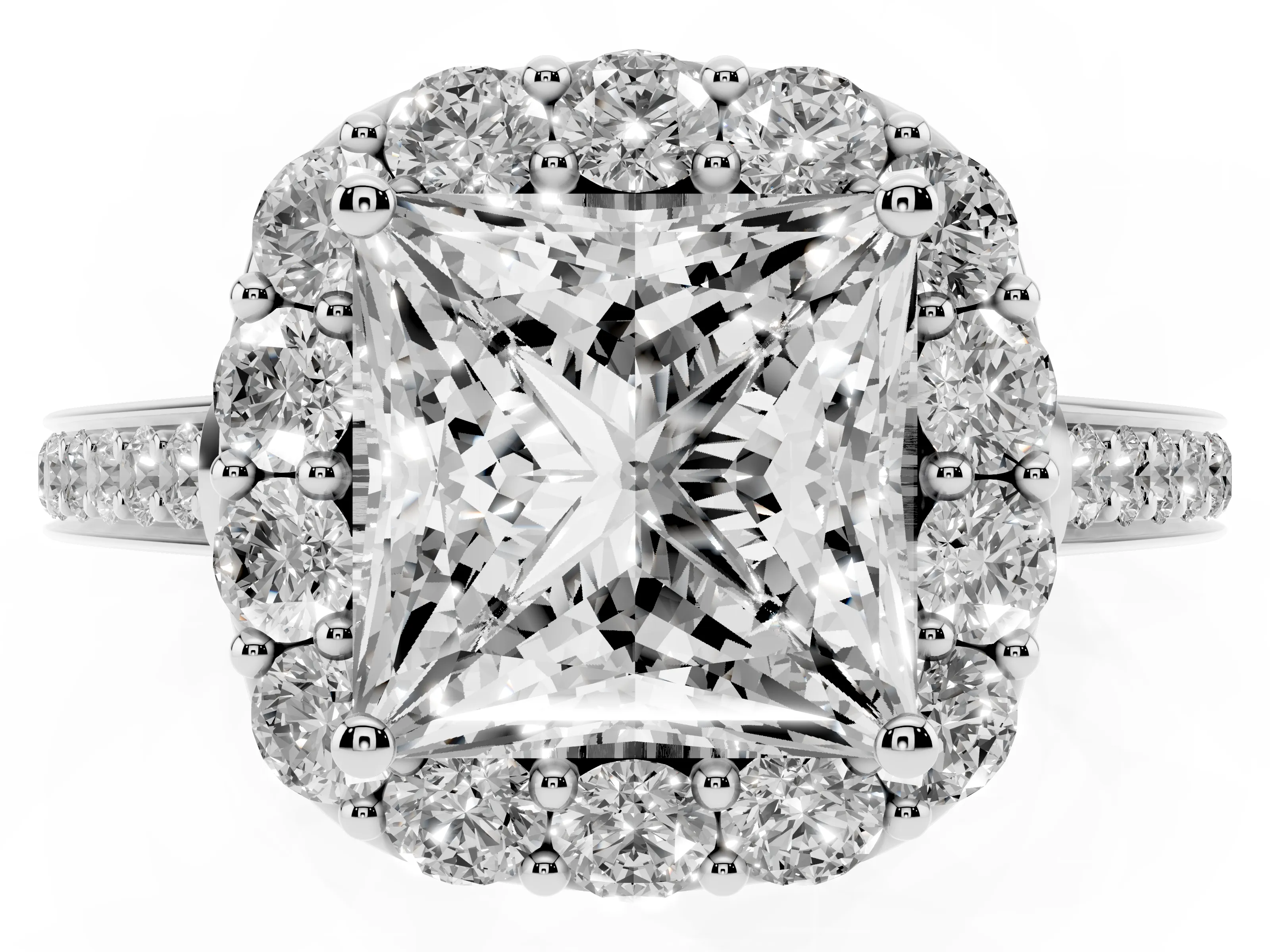 Princess Cut Diamond Floral Halo Ring Set in White gold with Pavé Band and Prong Setting