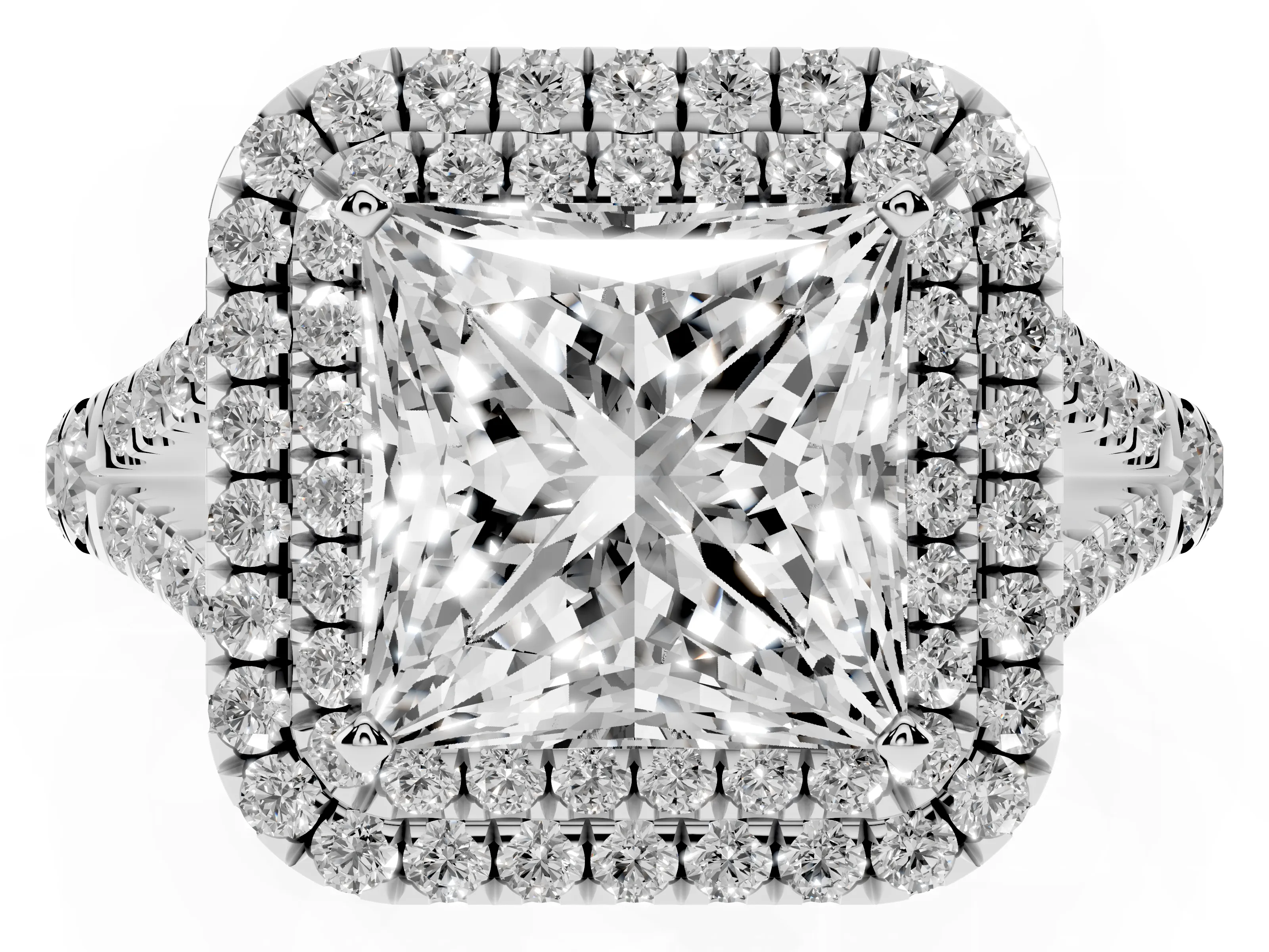Princess Cut Diamond Pavé Split Shank Double Halo Engagement Ring Set in Silver