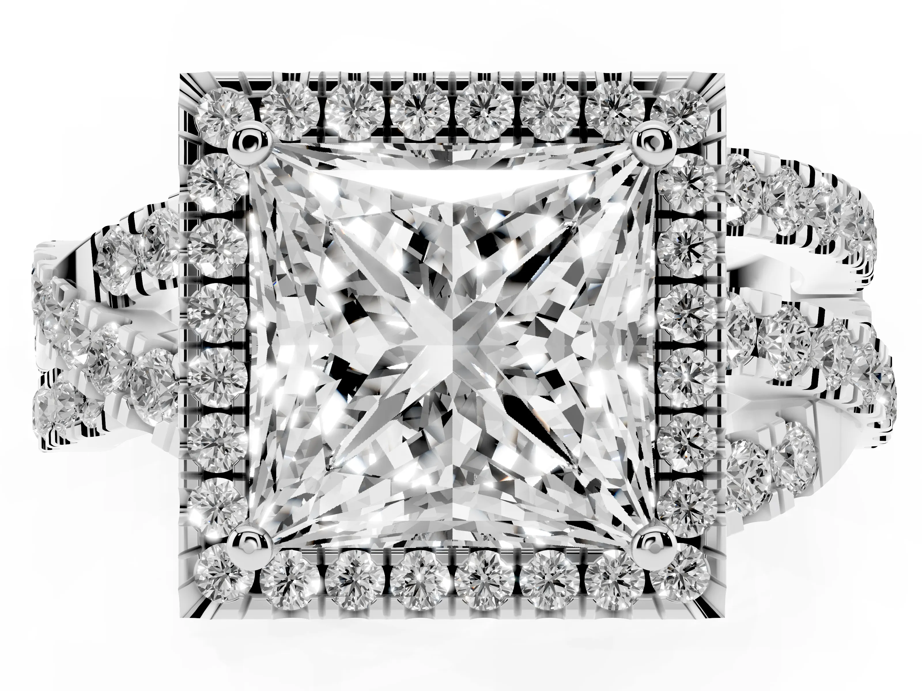 Princess Cut Diamond Halo Ring Set in Platinum with Round Crossover Split Shank and Prong Setting