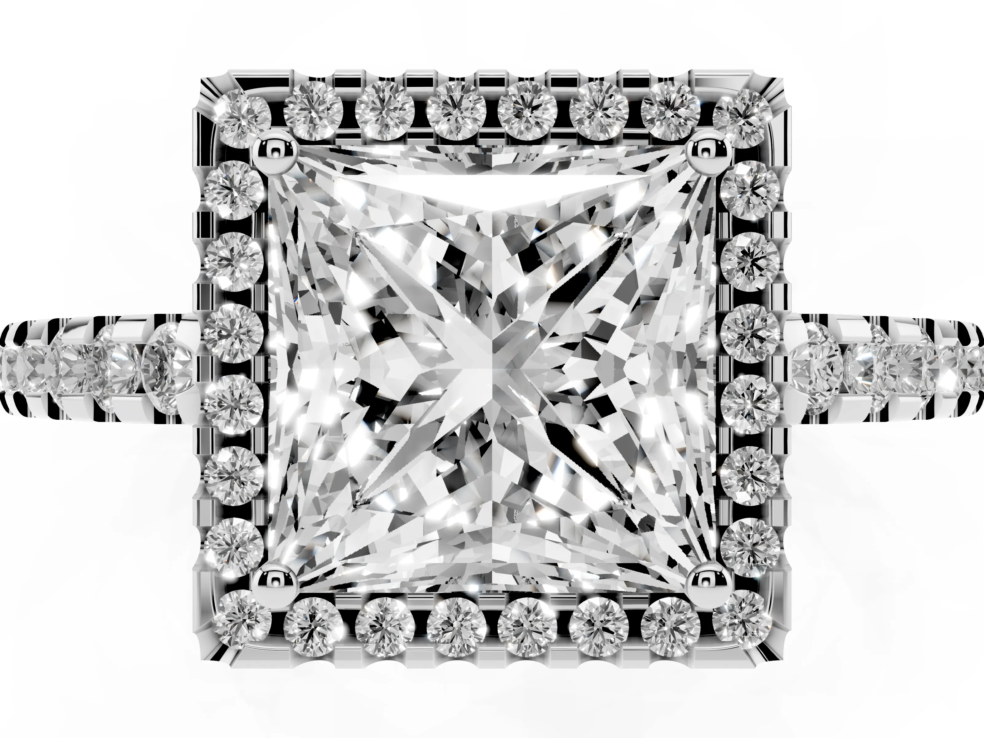 Princess Cut Diamond Halo Ring Set in Silver with Pavé Shoulders and Halo-Framed Center