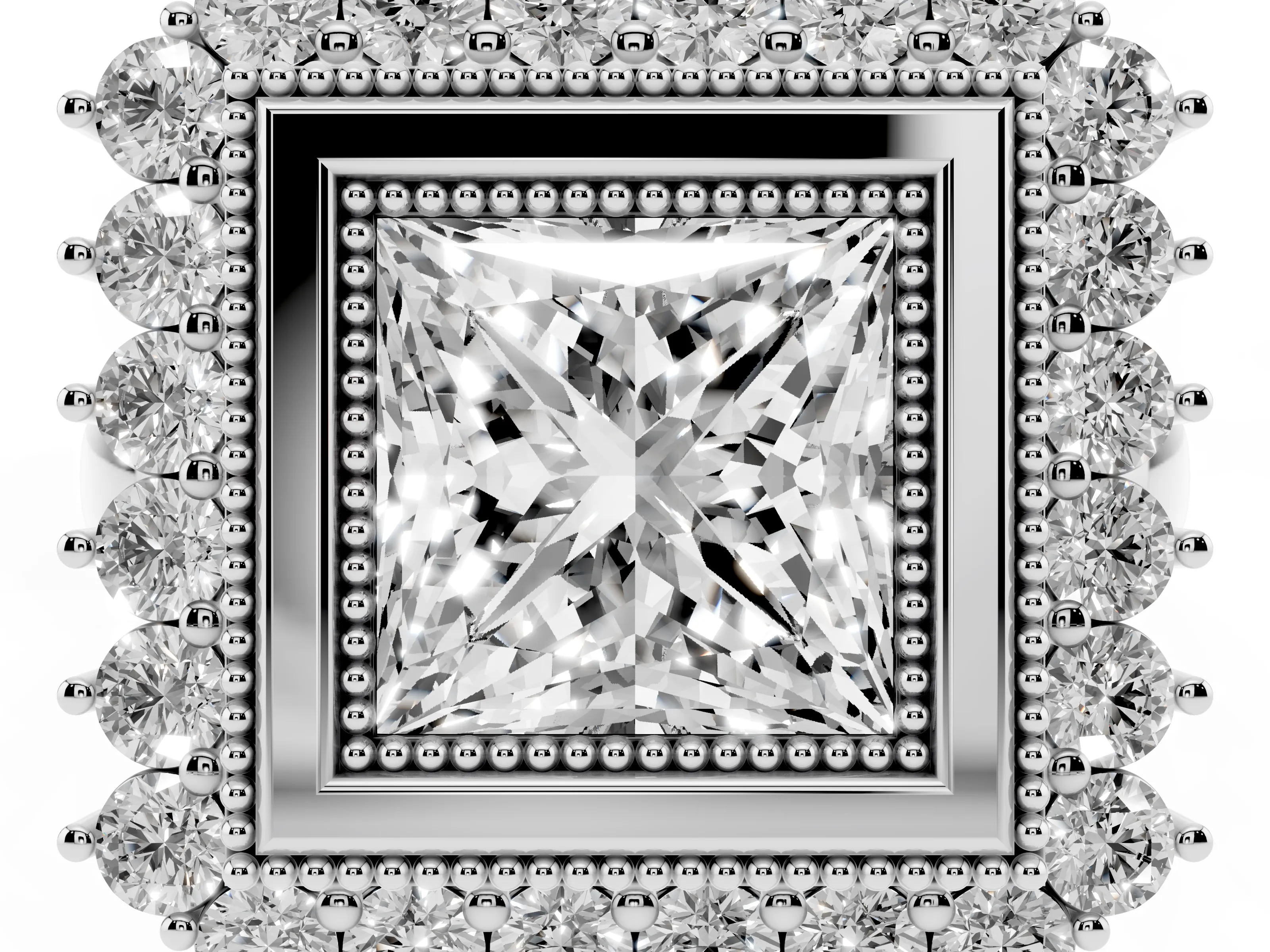Princess Cut Diamond Halo Ring Set in Silver with Milgrain Edge and Round Prong Setting