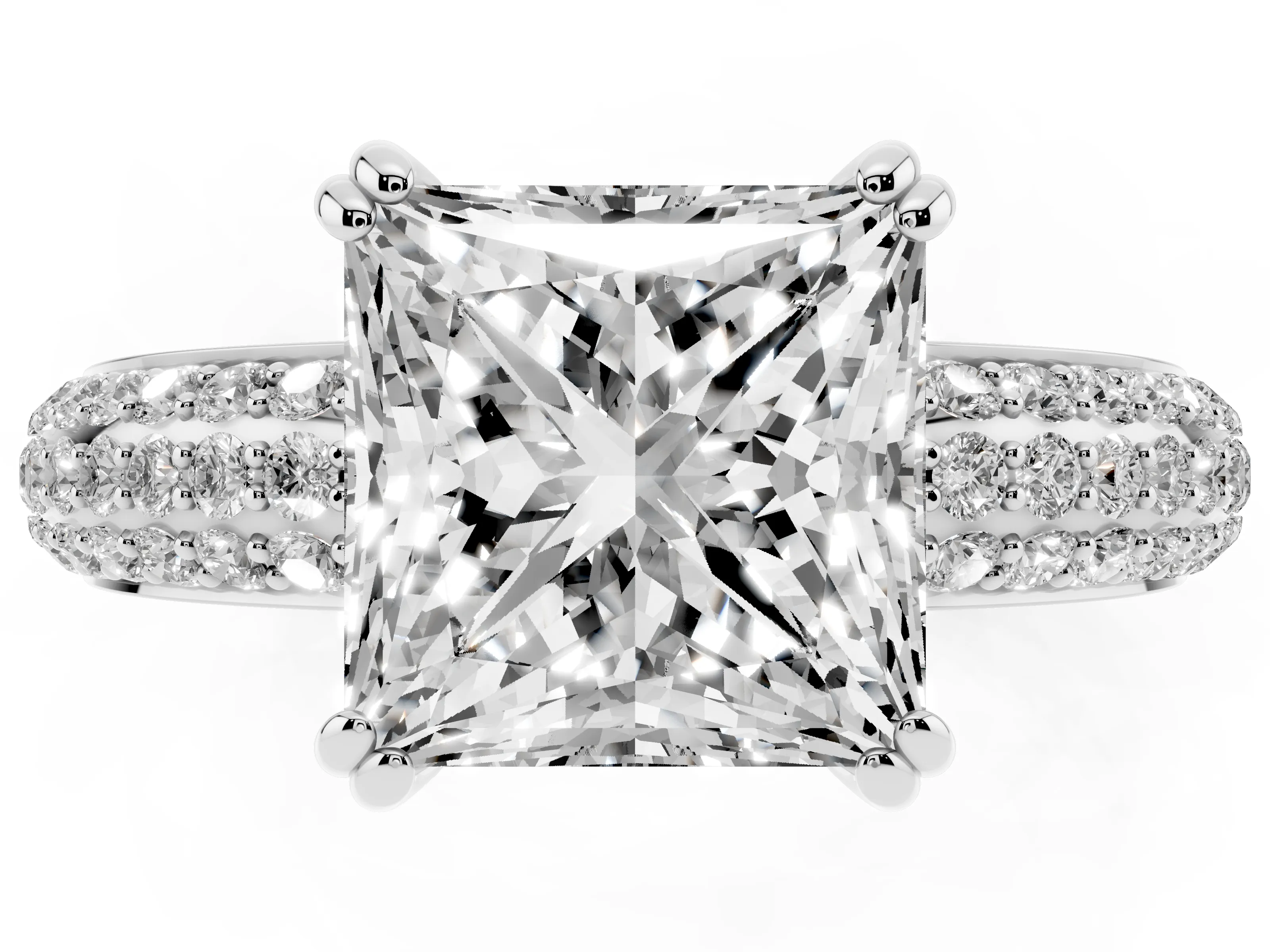 Princess Cut Diamond Solitaire Ring Set in White gold with Multi-Row Round Pavé Band and Prong Setting