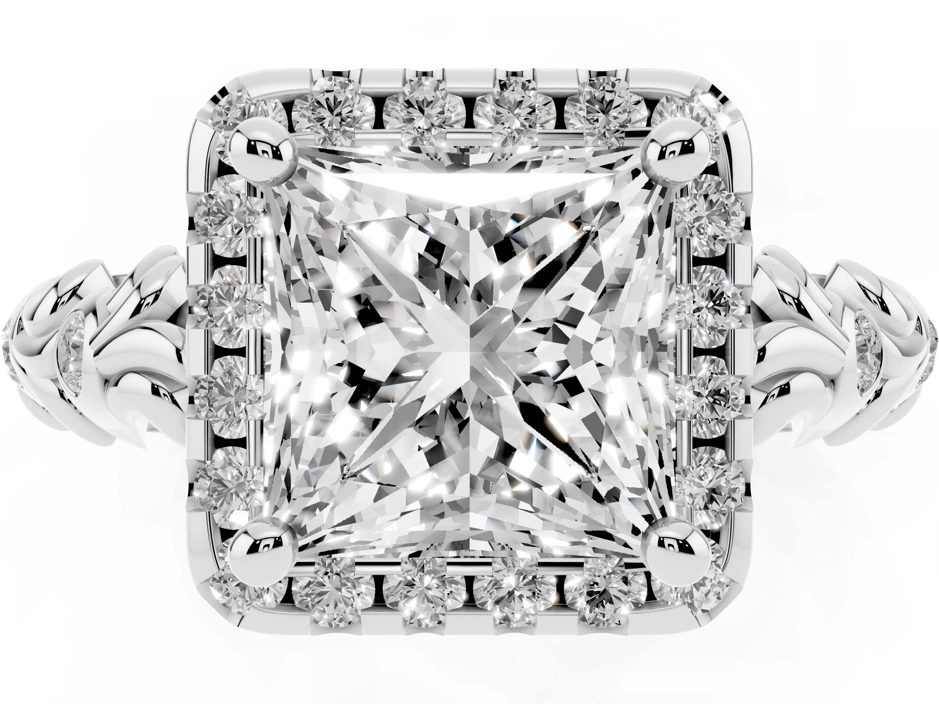 Princess Cut Diamond Halo Ring Set in Silver with Filigree Leaf Band and Prong Setting