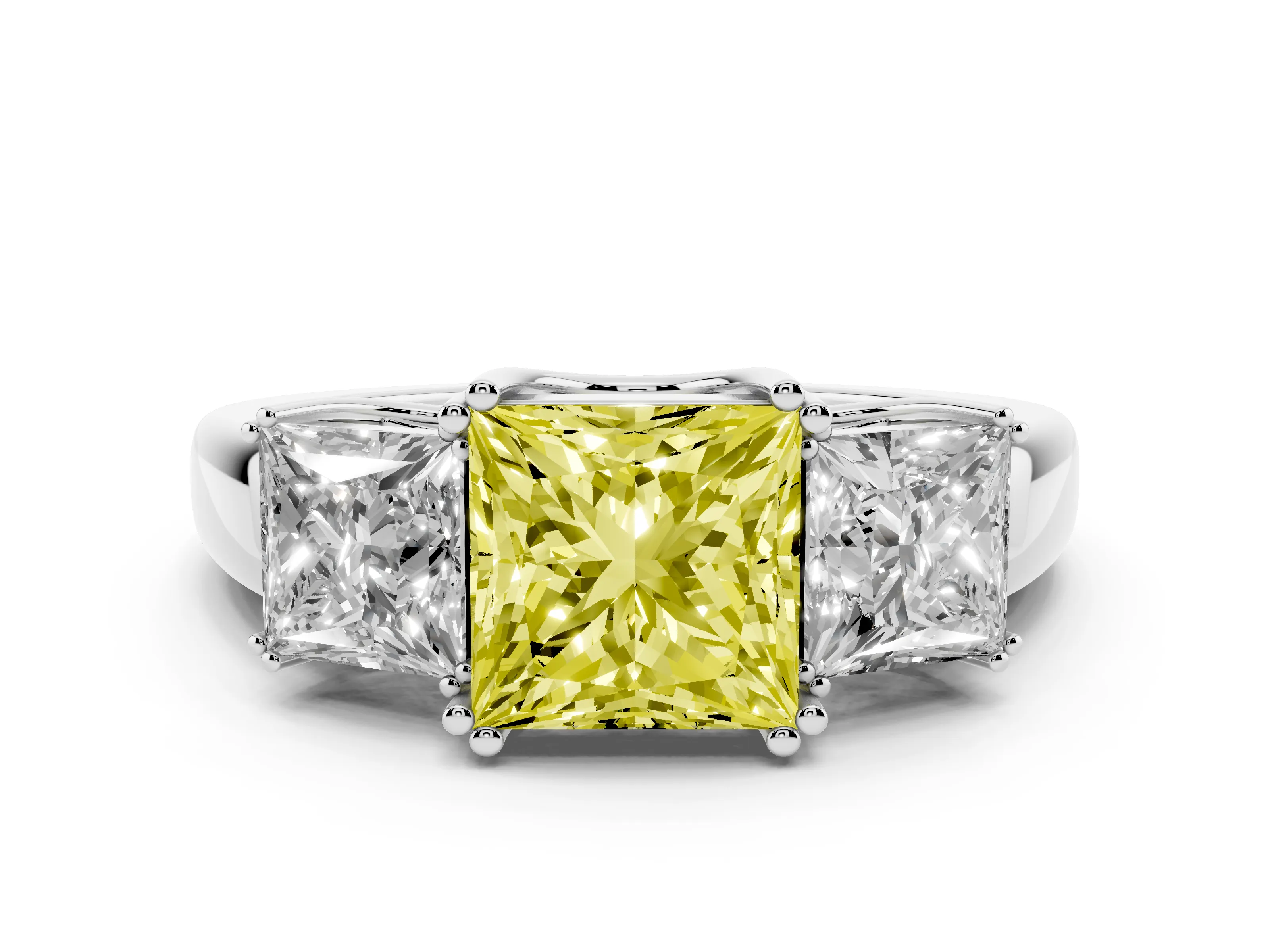 Fancy Yellow Princess Cut Diamond Three-Stone Ring Set in White gold with Polished Channel-Set Band