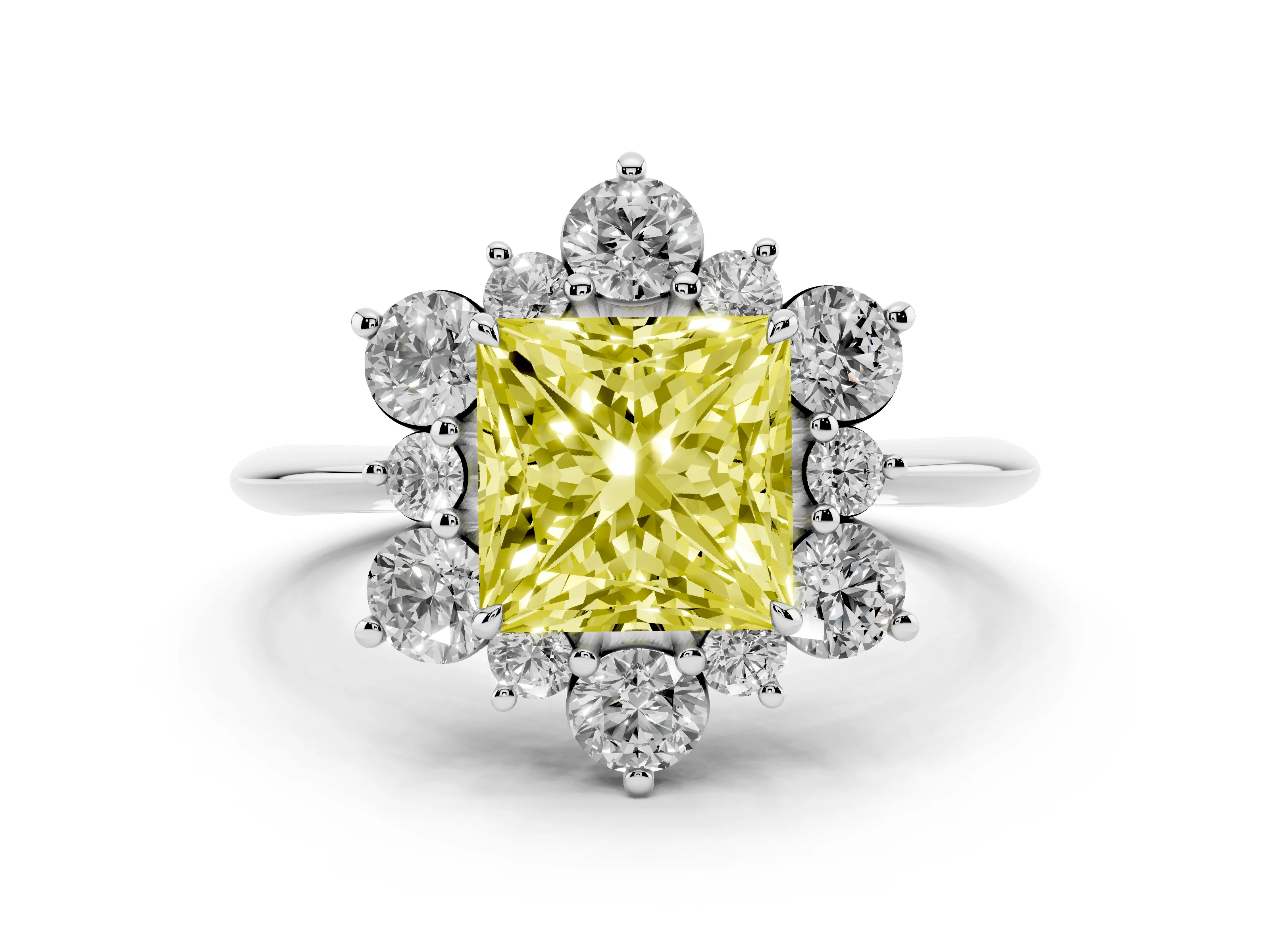 Fancy Yellow Princess Cut Diamond Cluster Halo Ring Set in Silver with Solitaire Band and Prong Setting