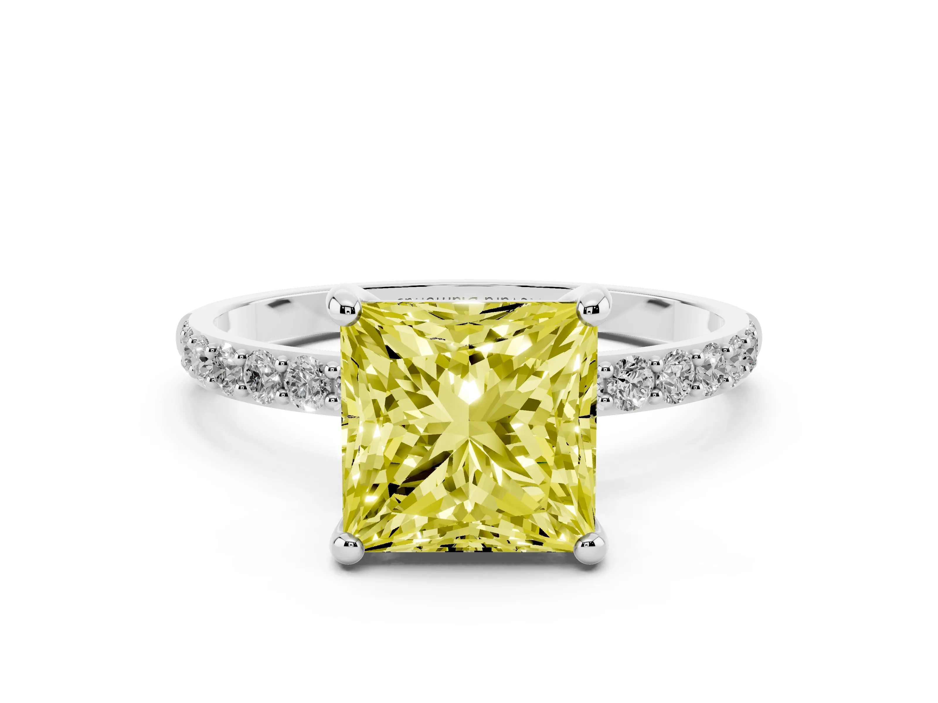 Fancy Yellow Princess Cut Diamond Solitaire Ring Set in White gold with Round Pavé Band and Prong Setting