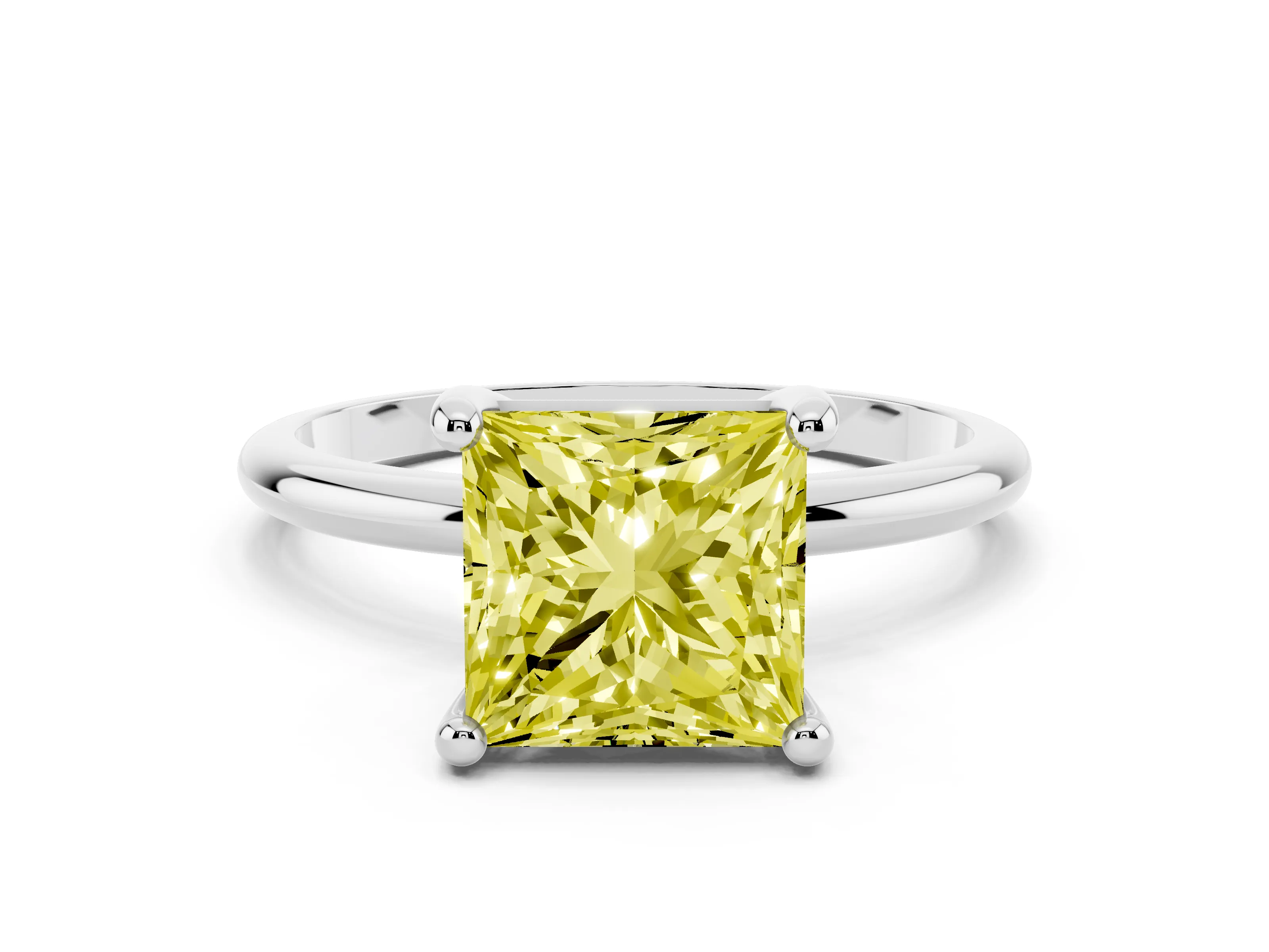 Fancy Yellow Princess Cut Diamond Solitaire Ring Set in White gold with Secure Prong Setting on a Classic Band