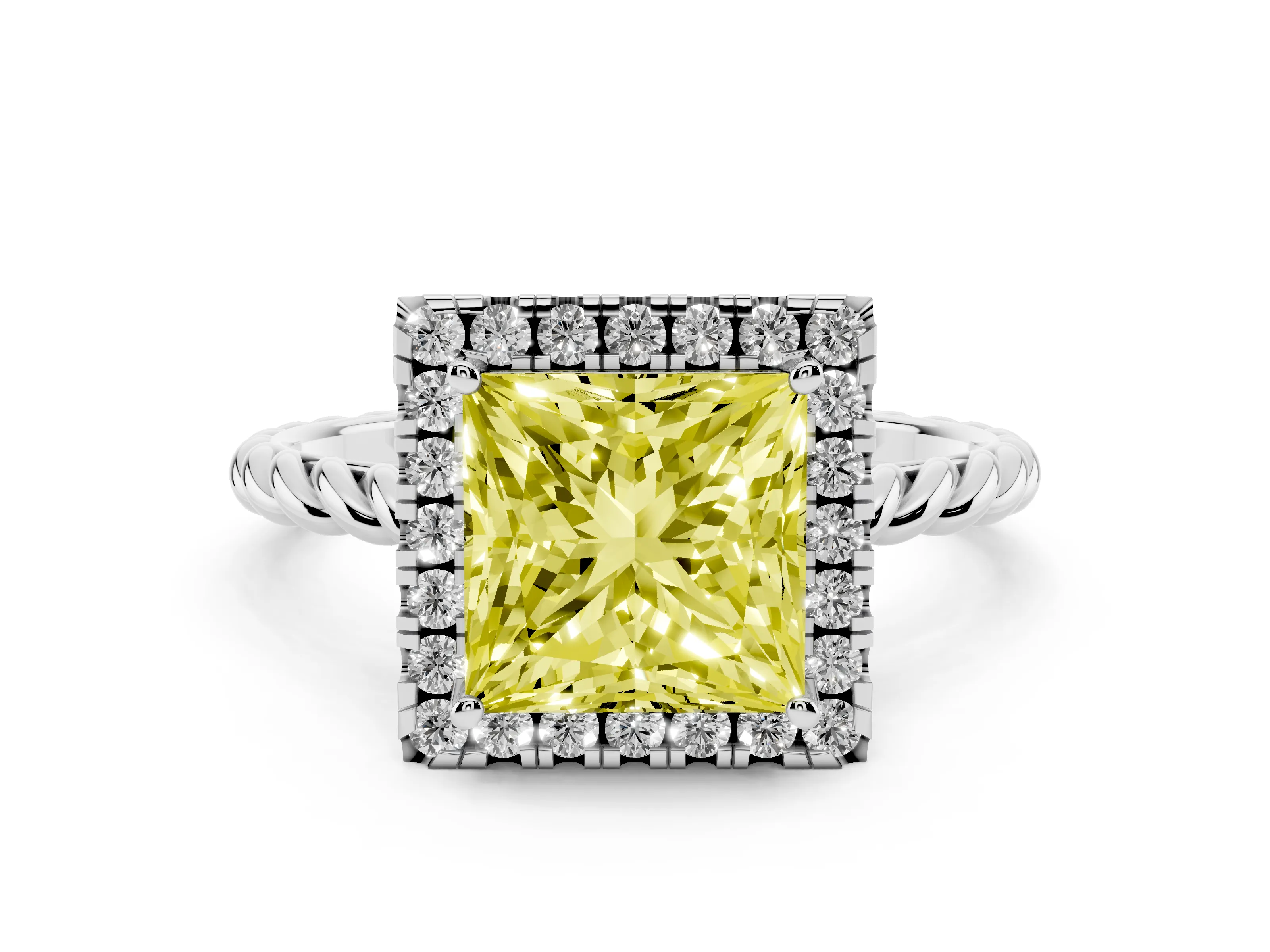 Fancy Yellow Princess Cut Diamond Halo Ring Set in Platinum with Plain Twisted Band
