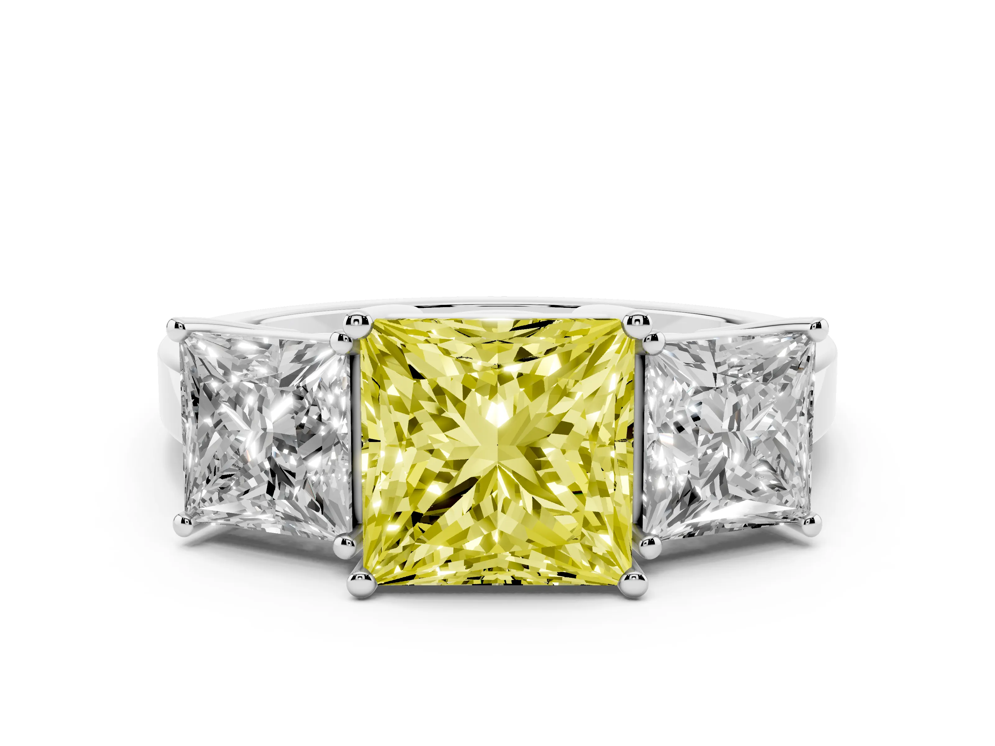 Fancy Yellow Princess Cut Diamond Three-Stone Engagement Ring Set in Platinum with Flat Band