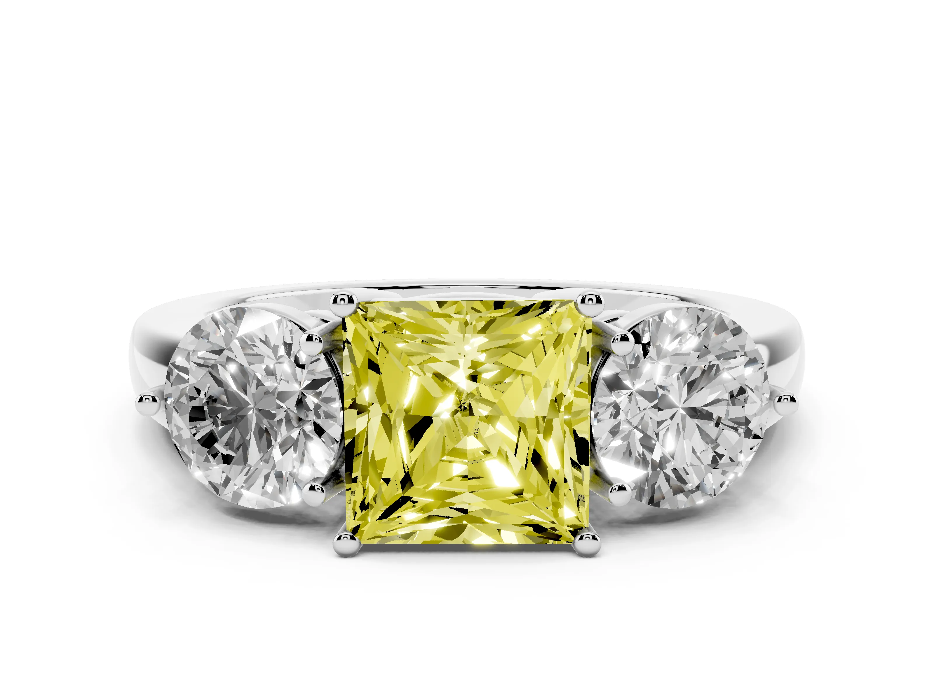 Fancy Yellow Princess Cut Diamond Three-Stone Ring Set in Platinum with Prong Setting and Plain Band