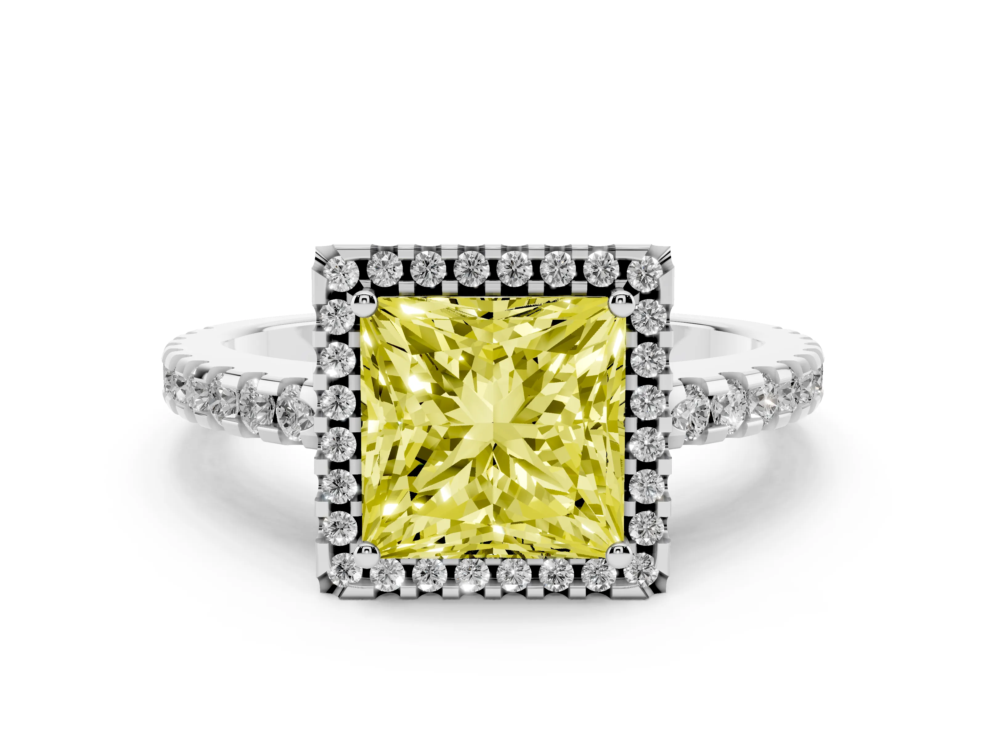 Fancy Yellow Princess Cut Diamond Halo Ring Set in Platinum with Pavé Shoulders and Halo-Framed Center