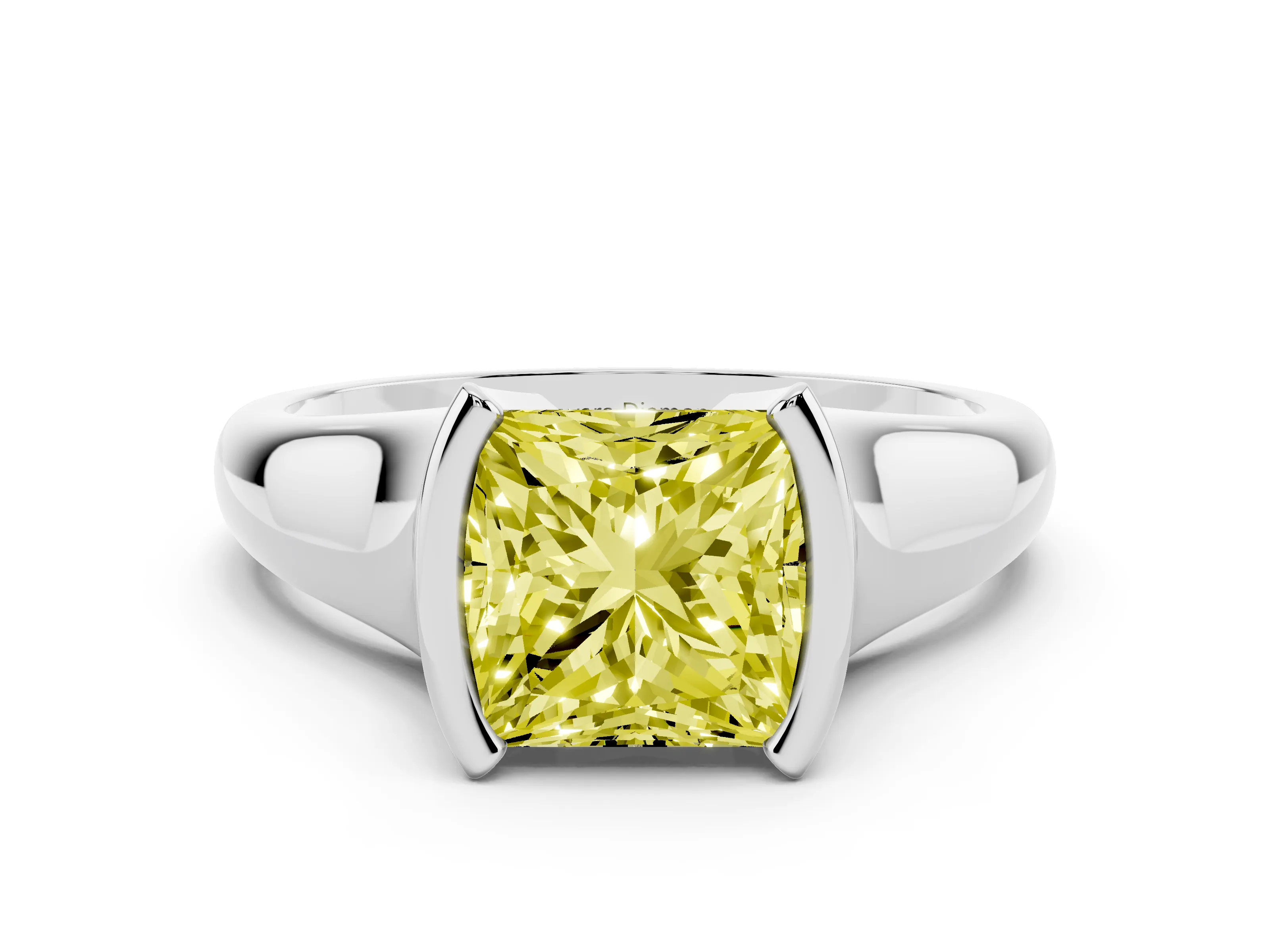 Fancy Yellow Princess Cut Diamond Solitaire Tension Set Ring Set in White gold with Split Shank Band