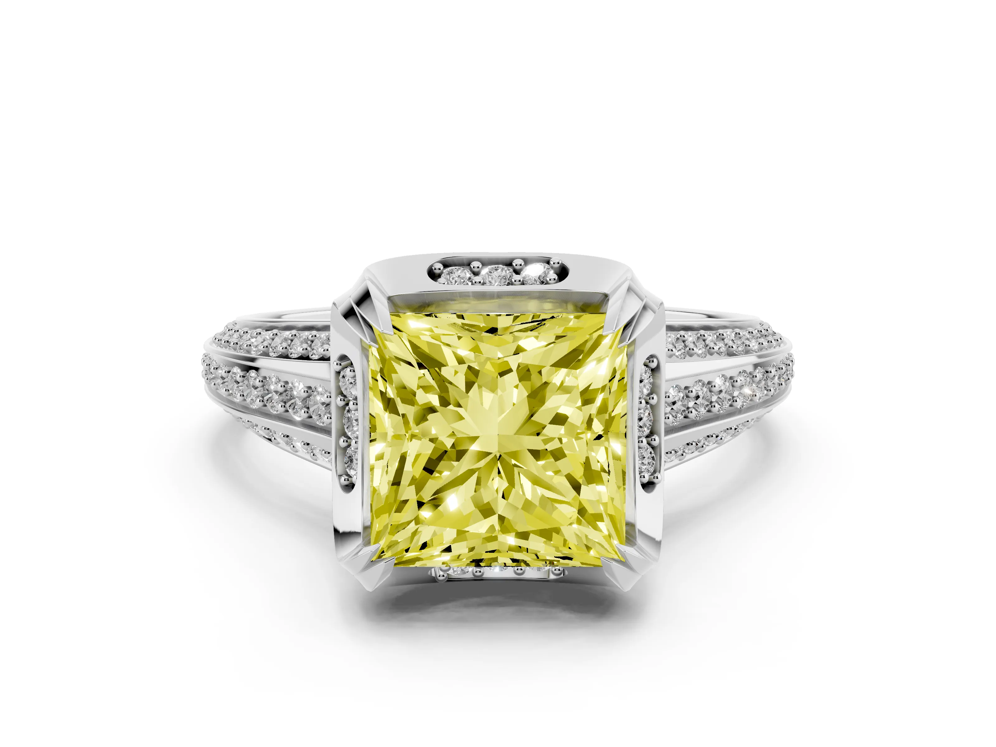 Fancy Yellow Princess Cut Diamond Pavé Split Shank Solitaire Ring Set in Silver with Prong Setting