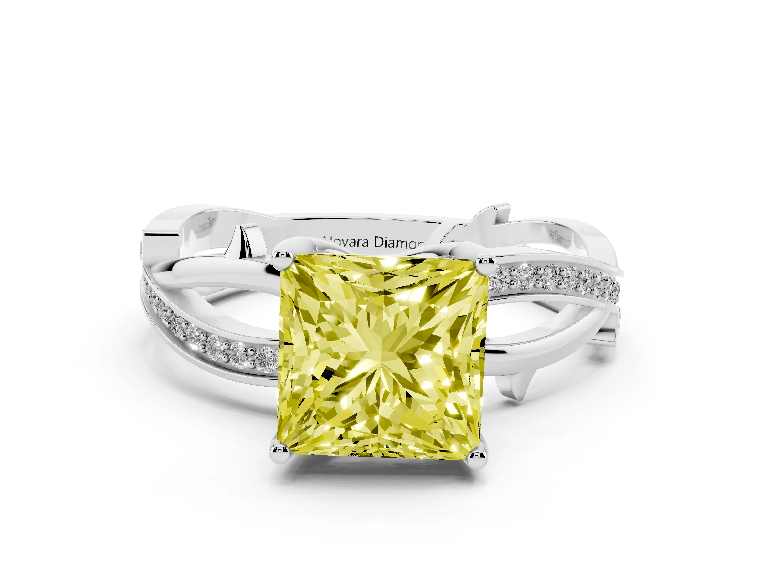 Fancy Yellow Princess Cut Diamond Pavé Twist Band Solitaire Ring Set in Platinum with Prong Setting