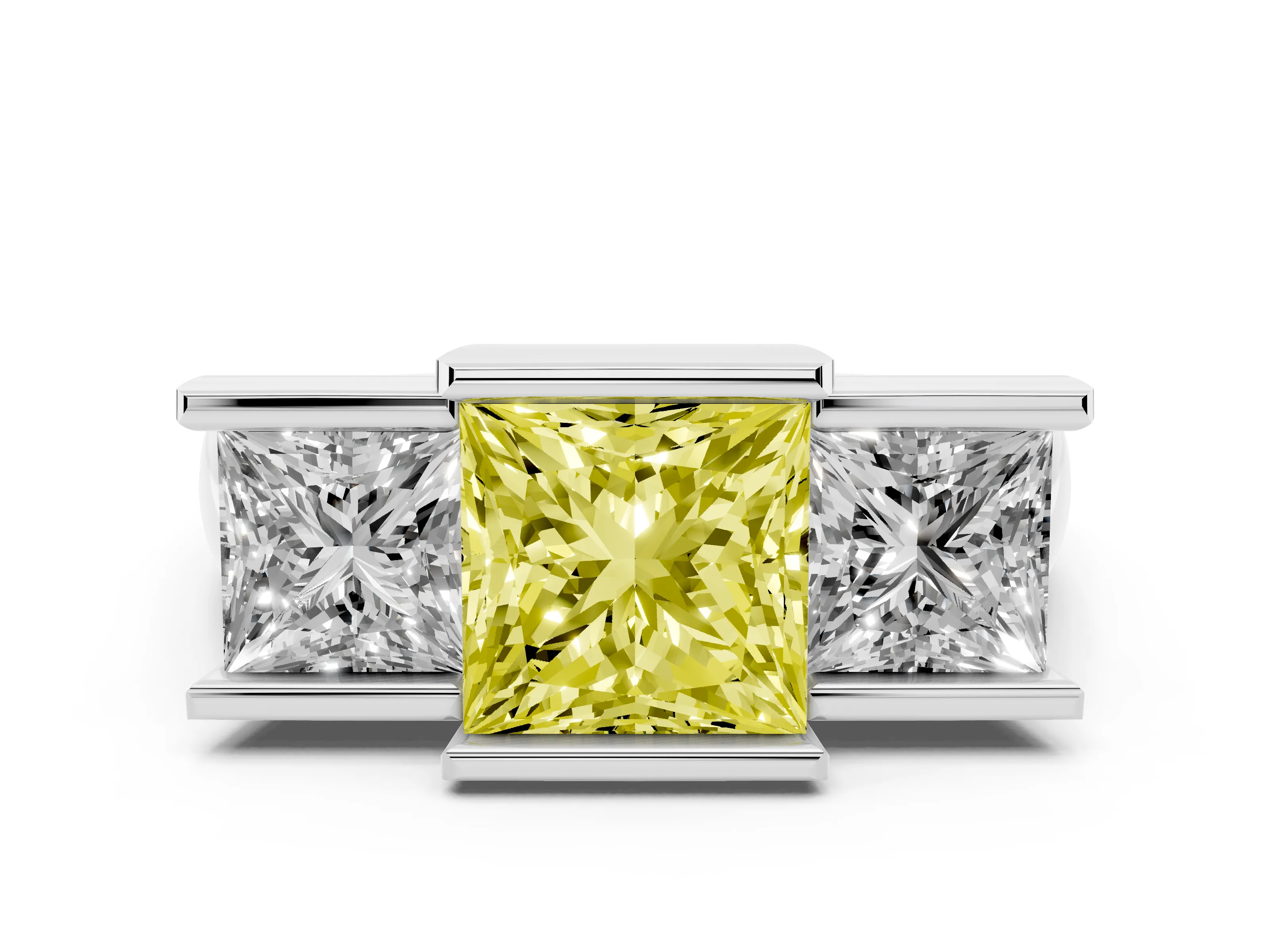 Fancy Yellow Princess Cut Diamond Three-Stone Channel Set Ring Set in Silver with Smooth Polished Band