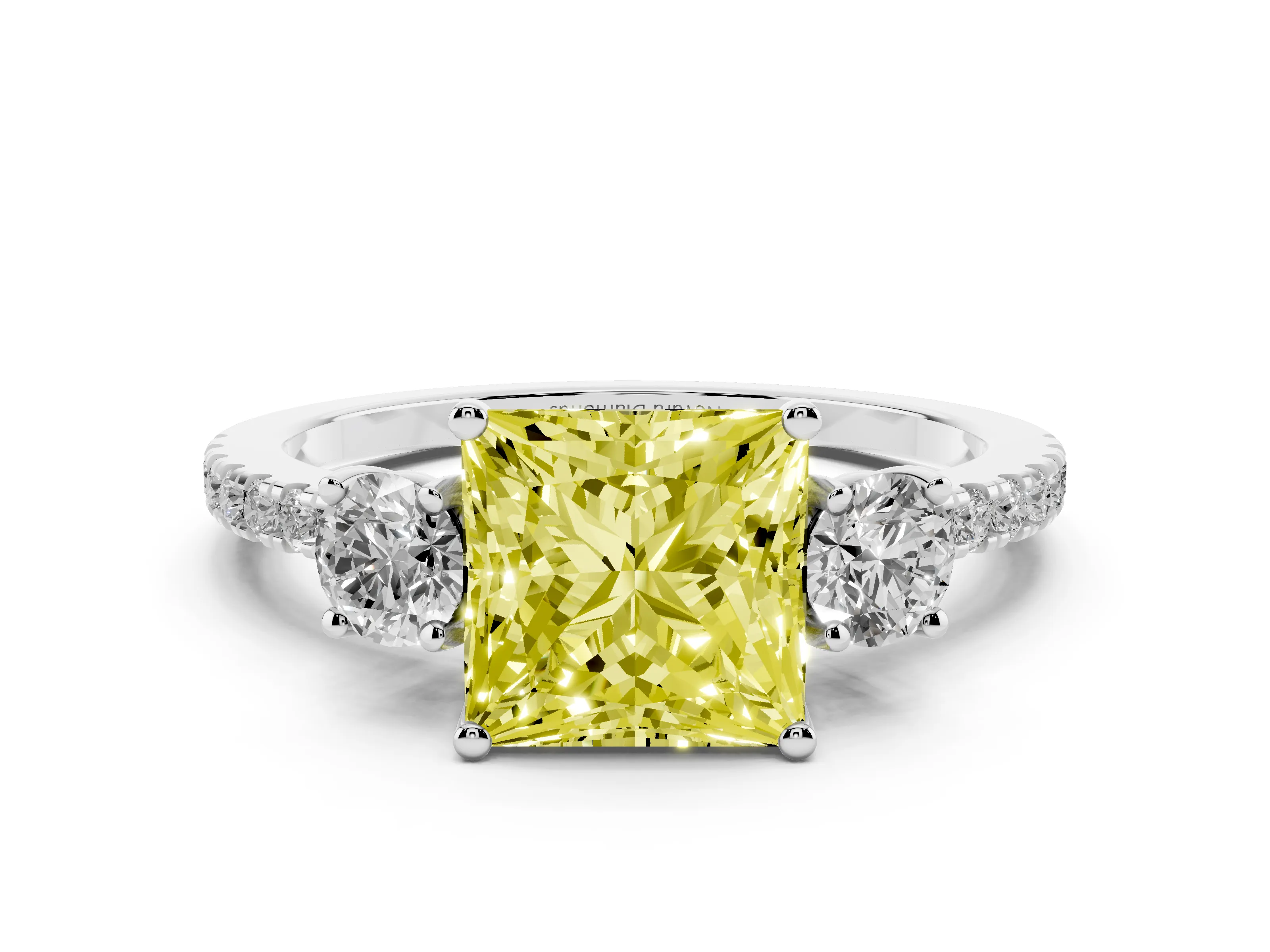 Fancy Yellow Princess Cut Diamond Three-Stone Ring Set in White gold with Pavé Band and Graduated Sides