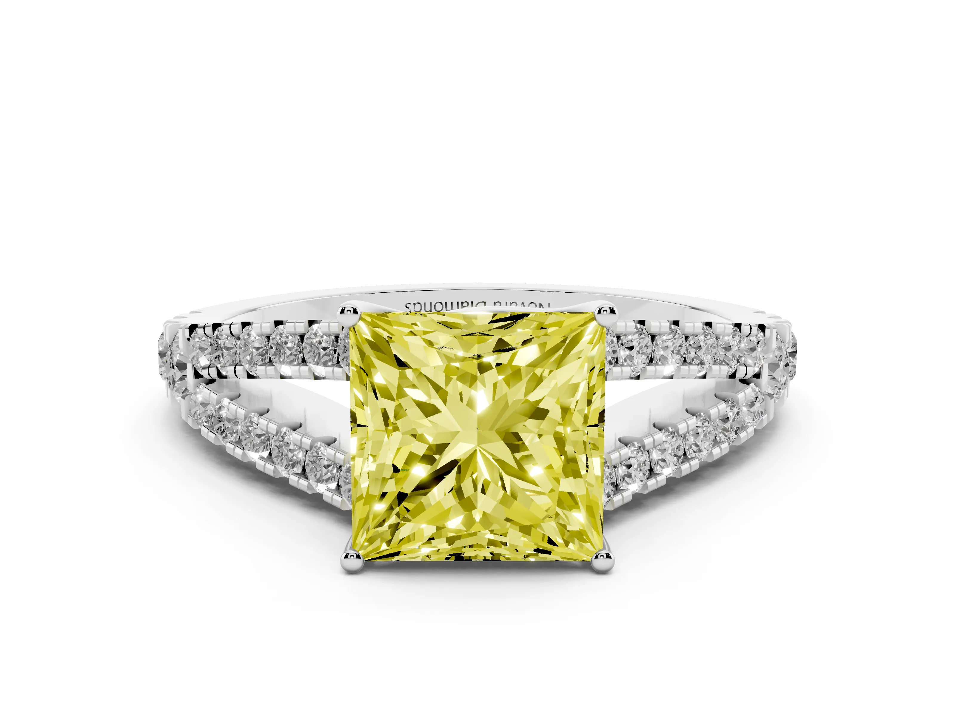 Fancy Yellow Princess Cut Diamond Split Shank Pavé Engagement Ring Set in White gold with Prong-Held Center Stone