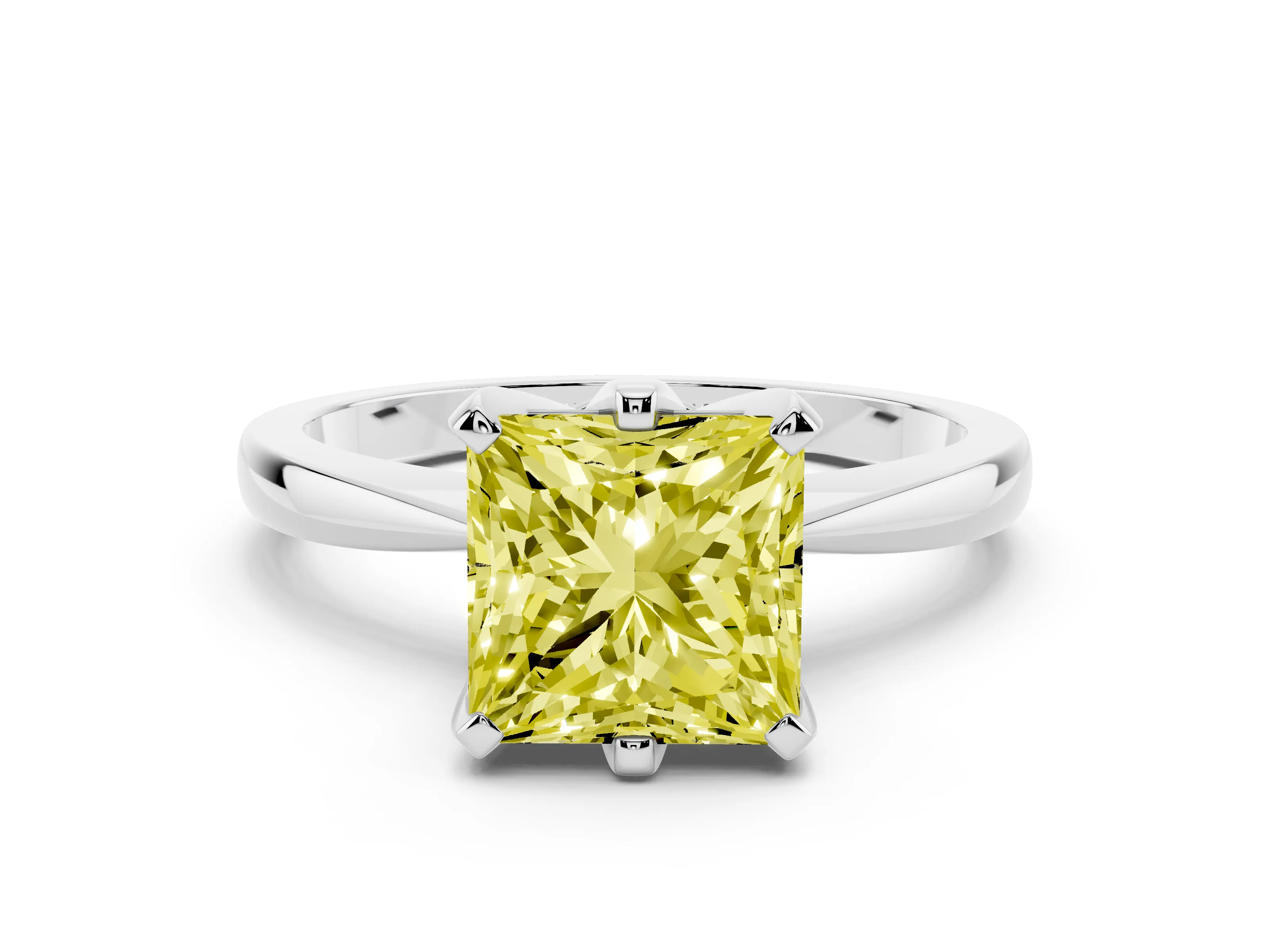 Fancy Yellow Princess Cut Diamond Solitaire Engagement Ring Set in White gold with Slim Tapered Solitaire Band