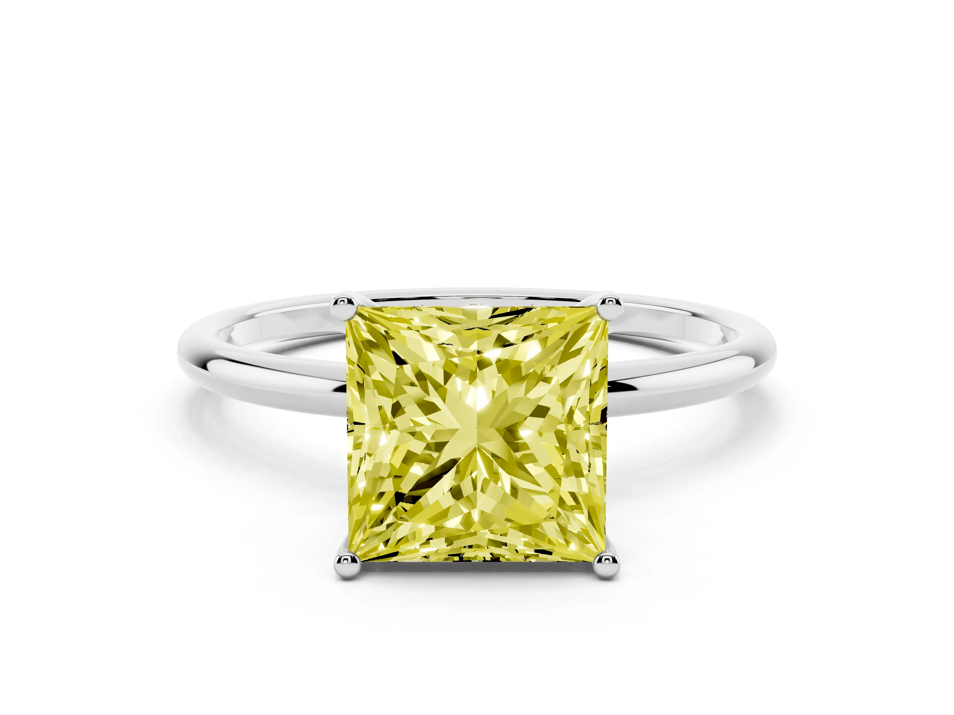 Fancy Yellow Princess Cut Diamond Solitaire Engagement Ring Set in Platinum with Thin Band and Prong Setting
