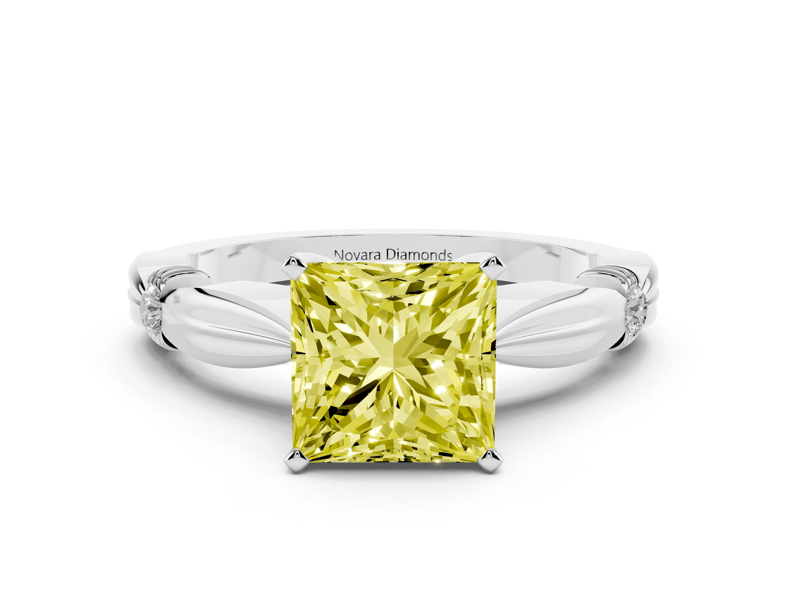 Fancy Yellow Princess Cut Diamond Solitaire Twisted Band Ring Set in Silver with Accent Stones and Prong Setting