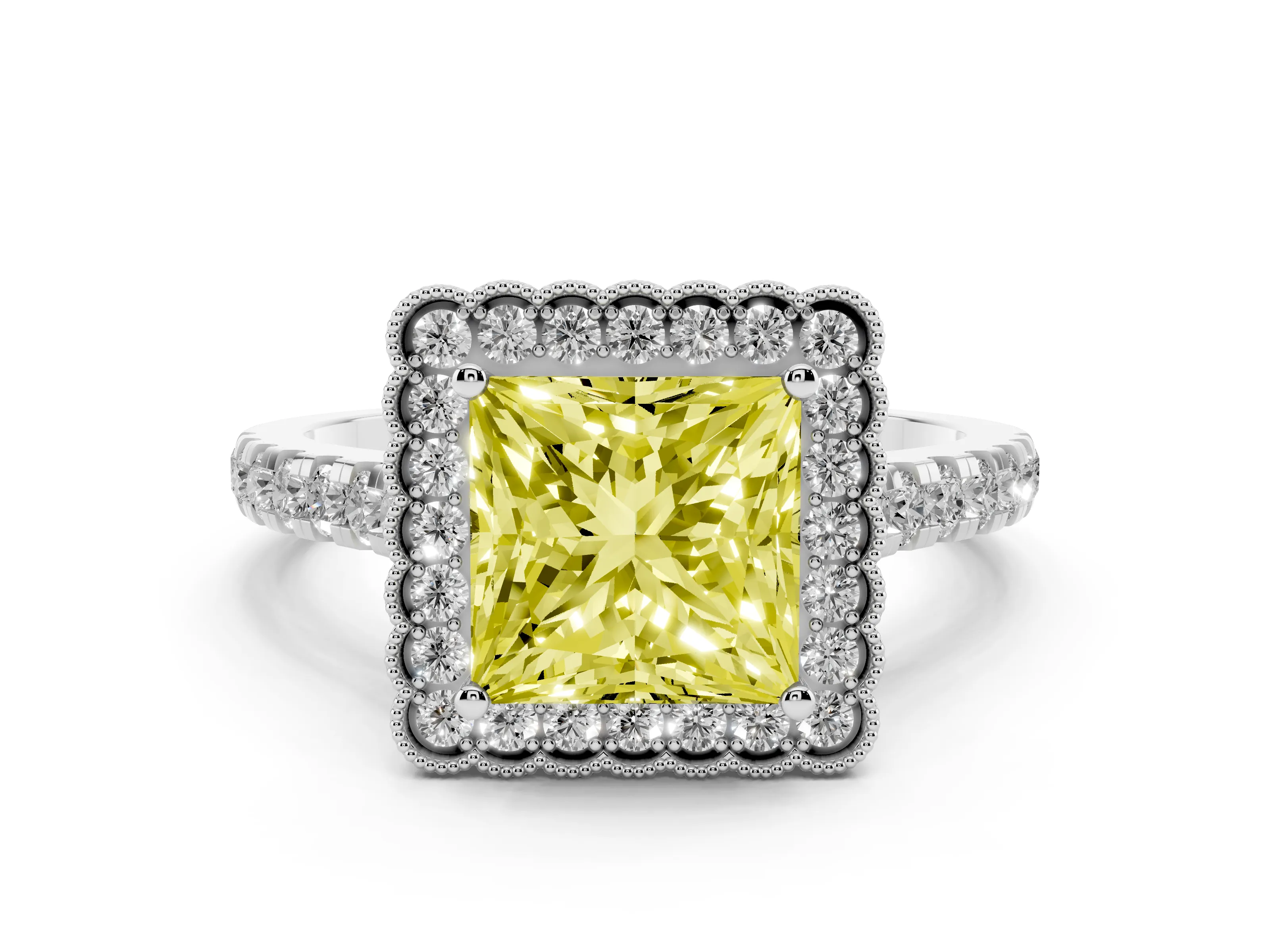 Fancy Yellow Princess Cut Diamond Milgrain Floral Halo Engagement Ring Set in White gold with Pavé Band