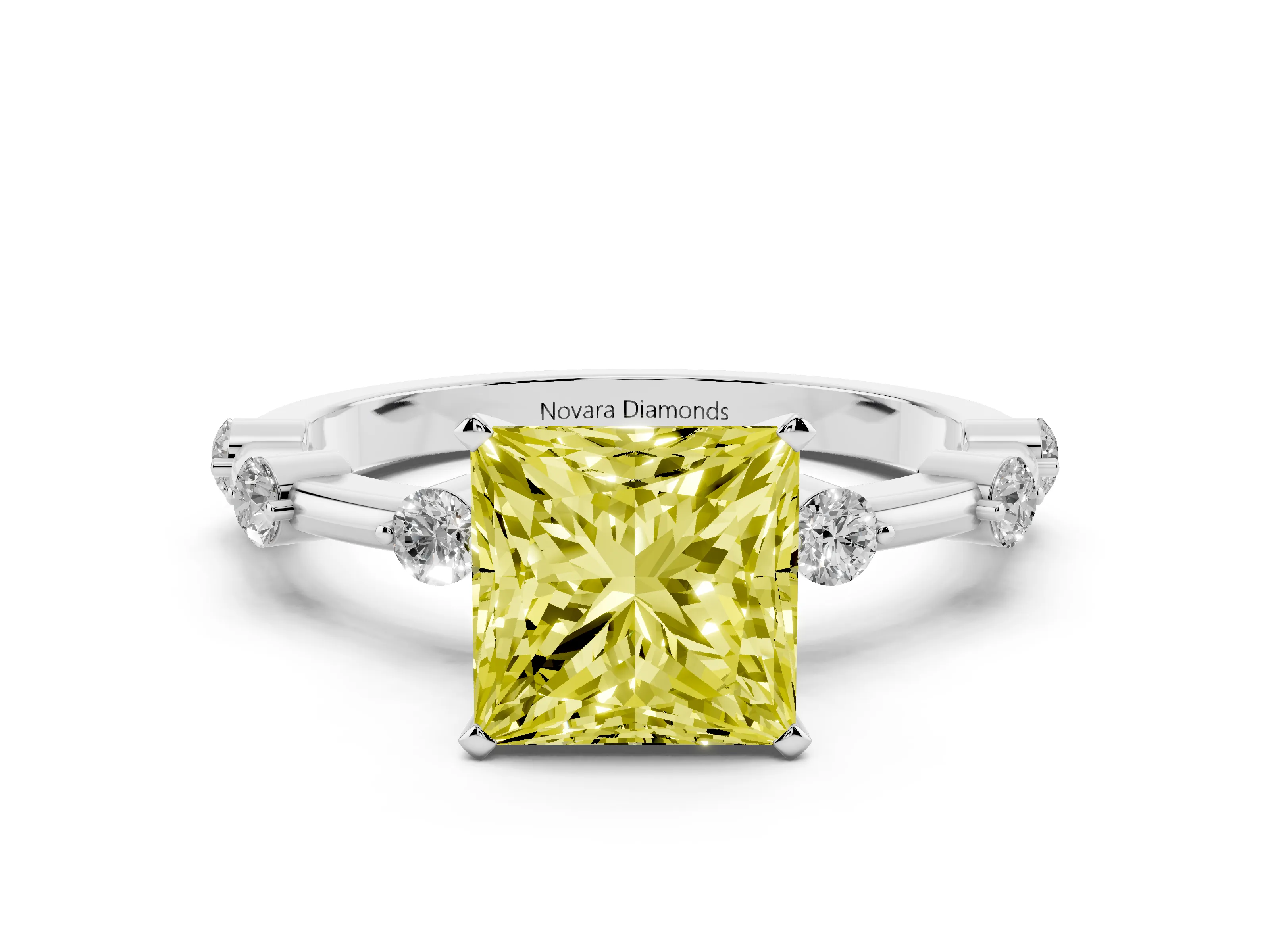 Fancy Yellow Princess Cut Diamond Solitaire Ring Set in Platinum with Bezel Set Side Stones and Prong Setting